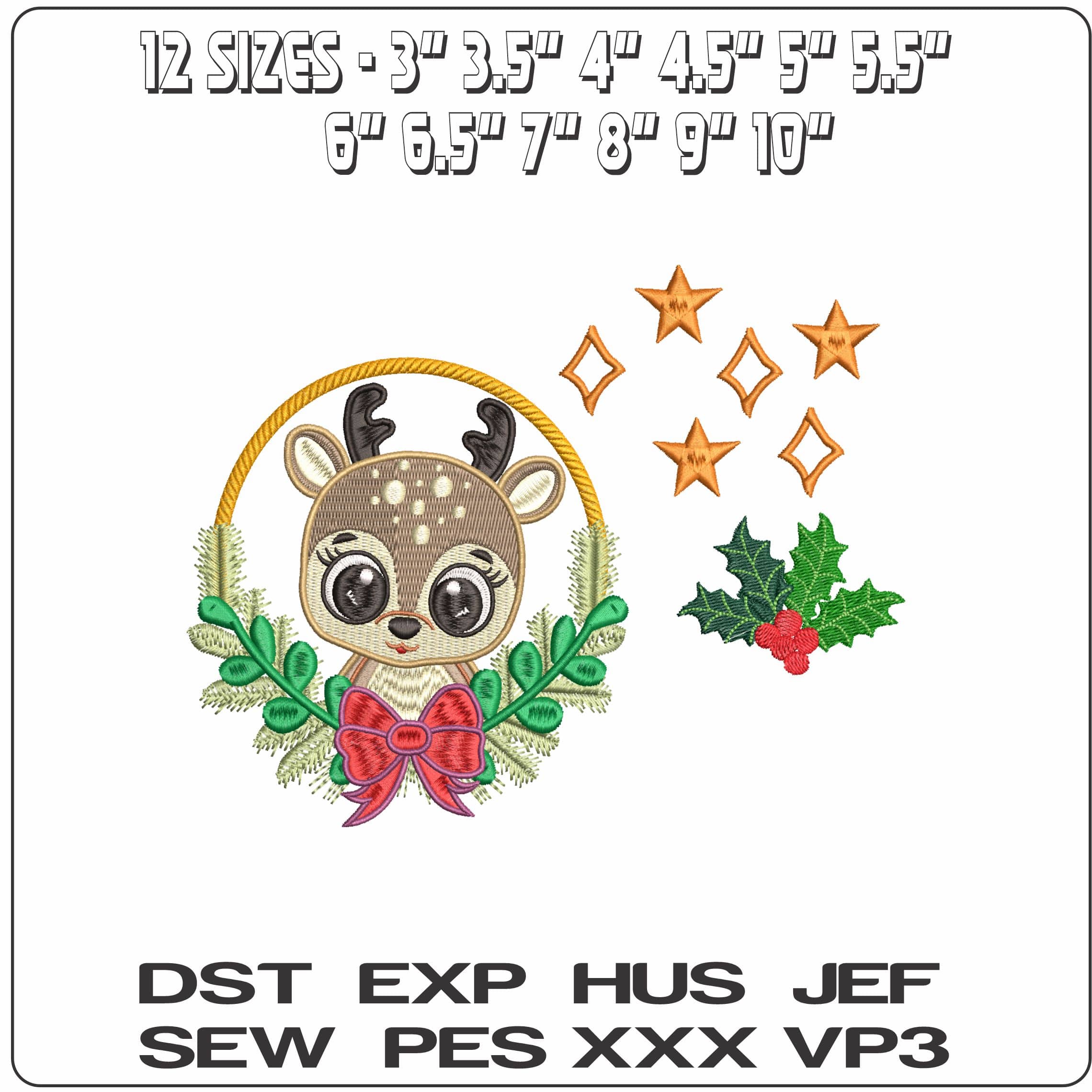 Reindeer in Wreath with decorations- Elegant embroidery design file - instant download — view 2