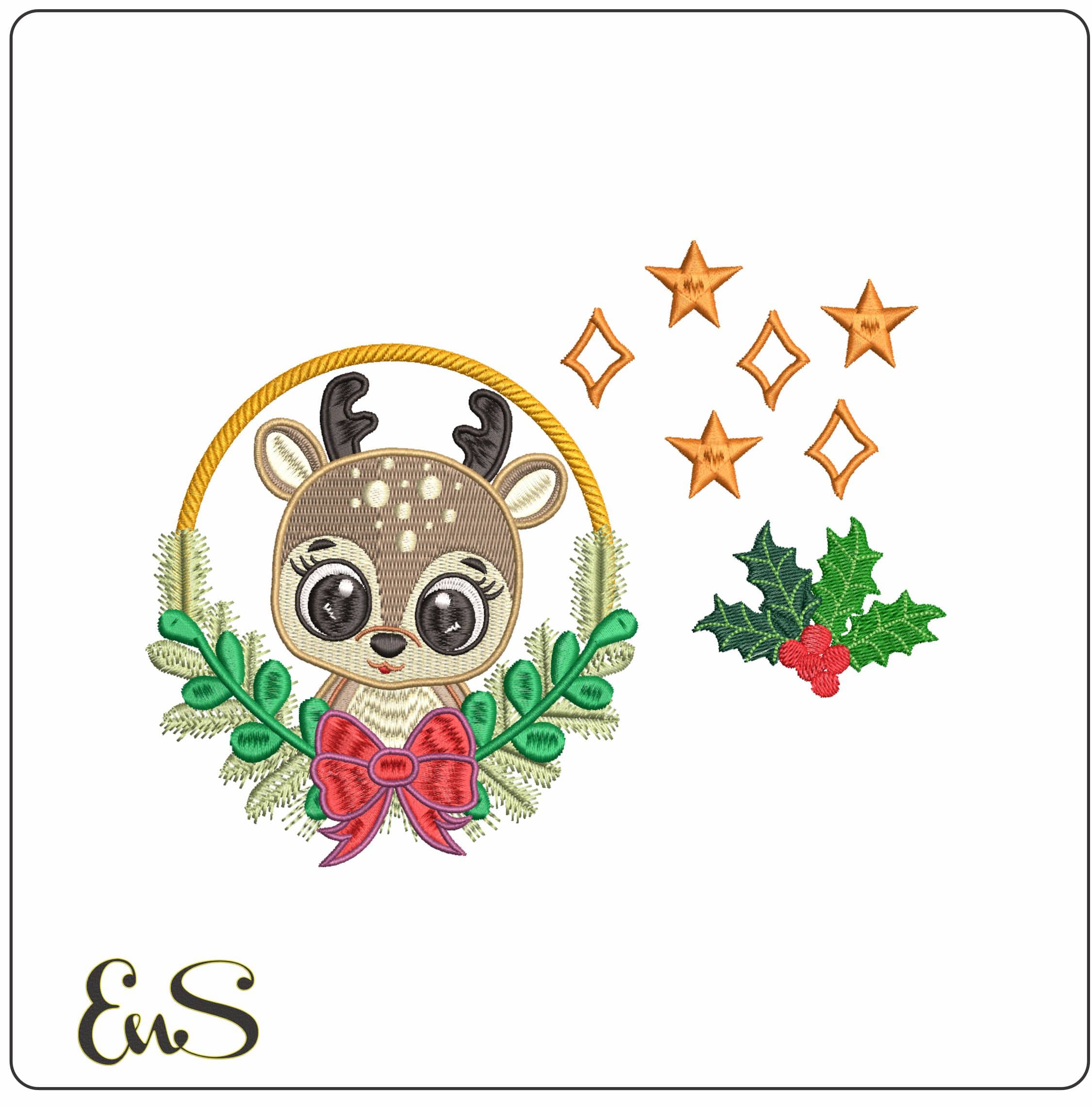 Reindeer in Wreath with decorations- Elegant embroidery design file - instant download