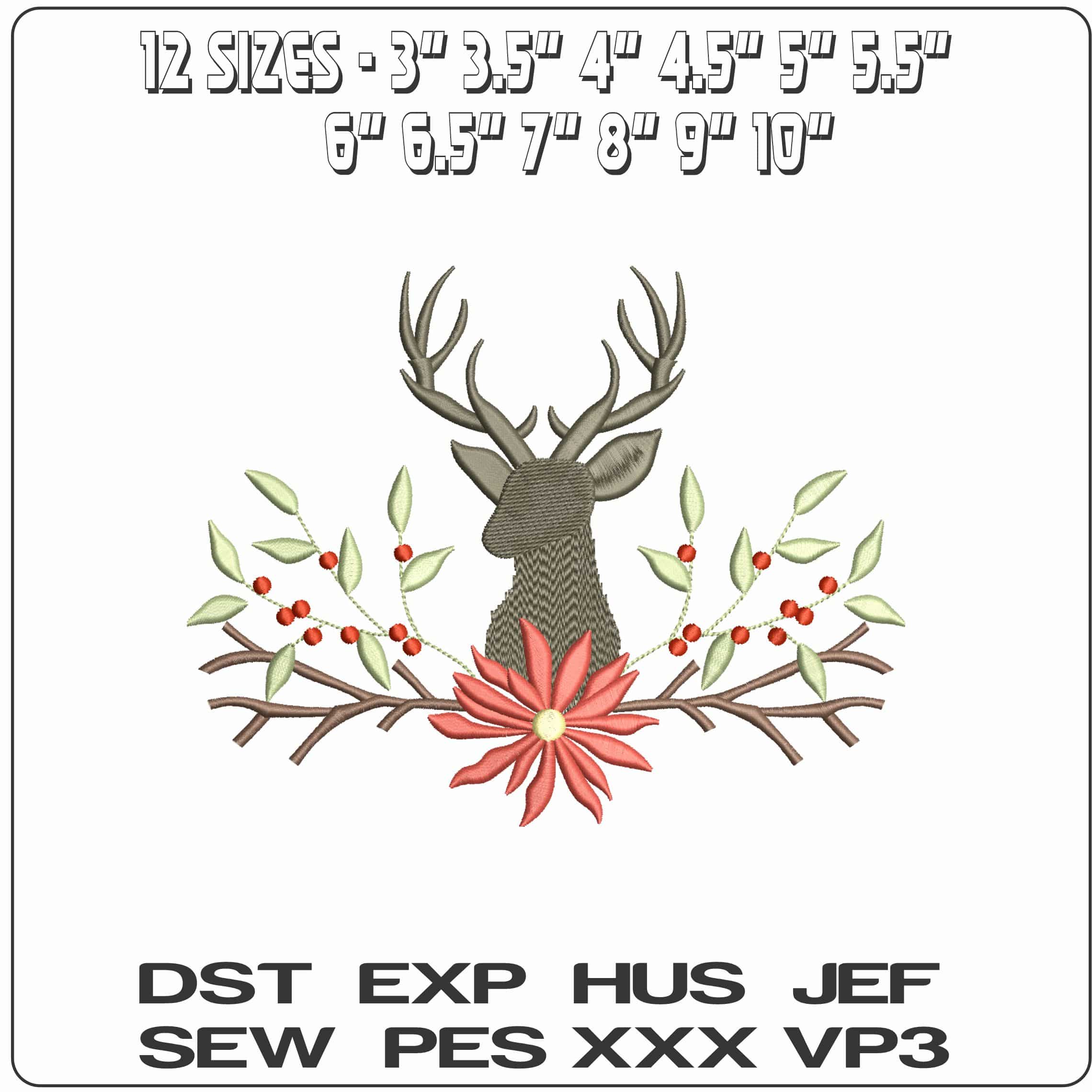 Reindeer with Branches and Flower- Elegant embroidery design file - instant download — view 2