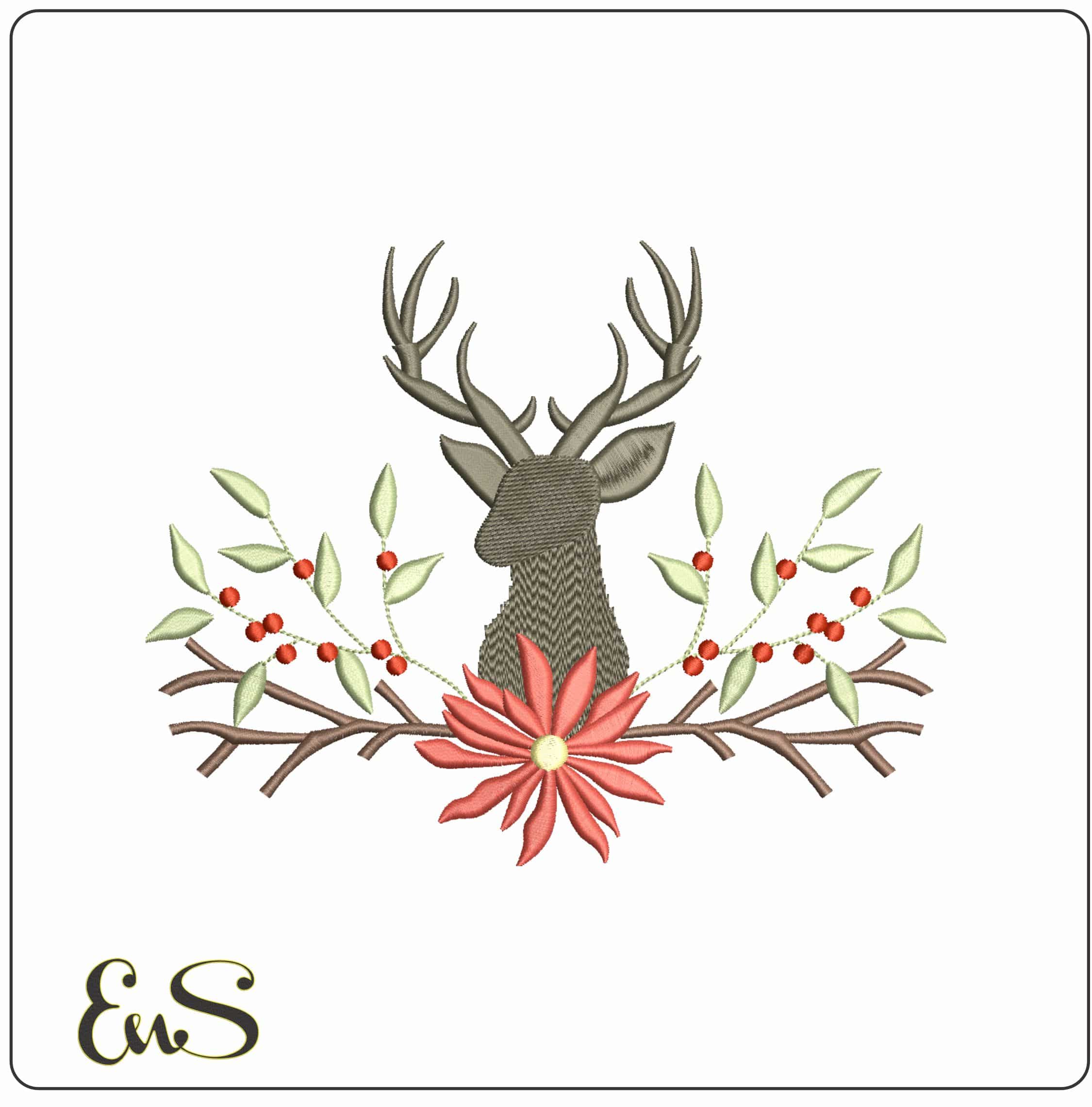 Reindeer with Branches and Flower- Elegant embroidery design file - instant download