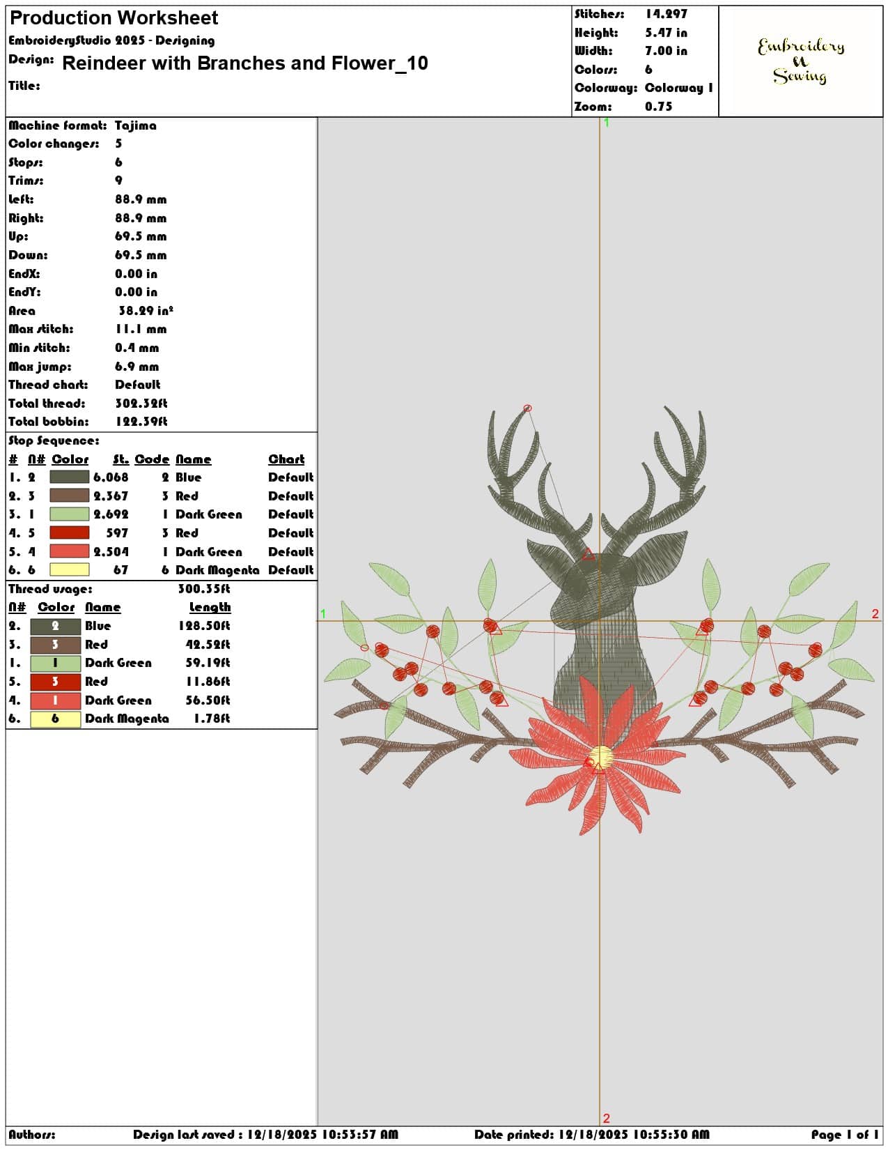 Reindeer with Branches and Flower- Elegant embroidery design file - instant download — view 3