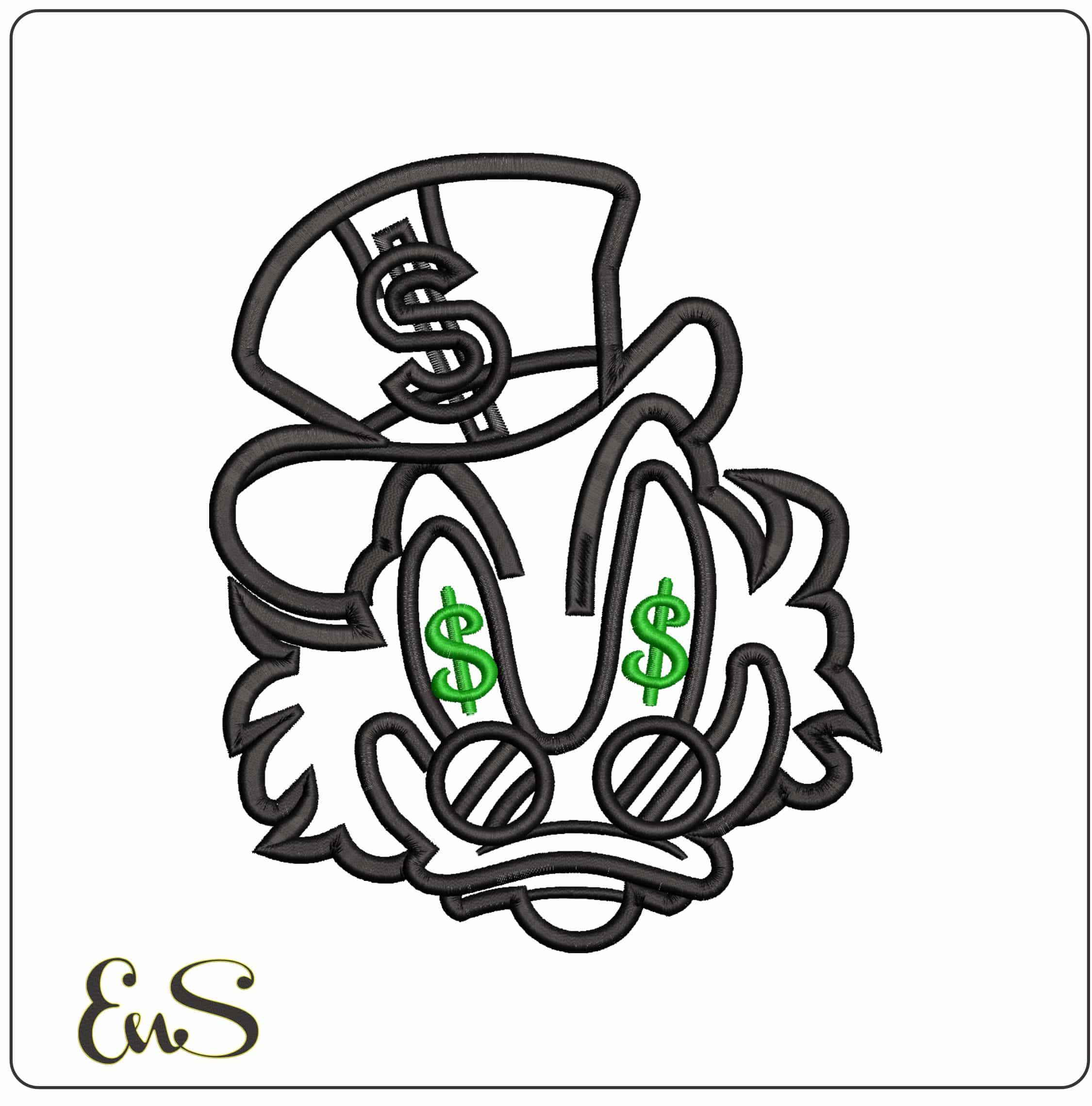 Scrooge McDuck Dollars Outline- Elegant embroidery design file - instant download