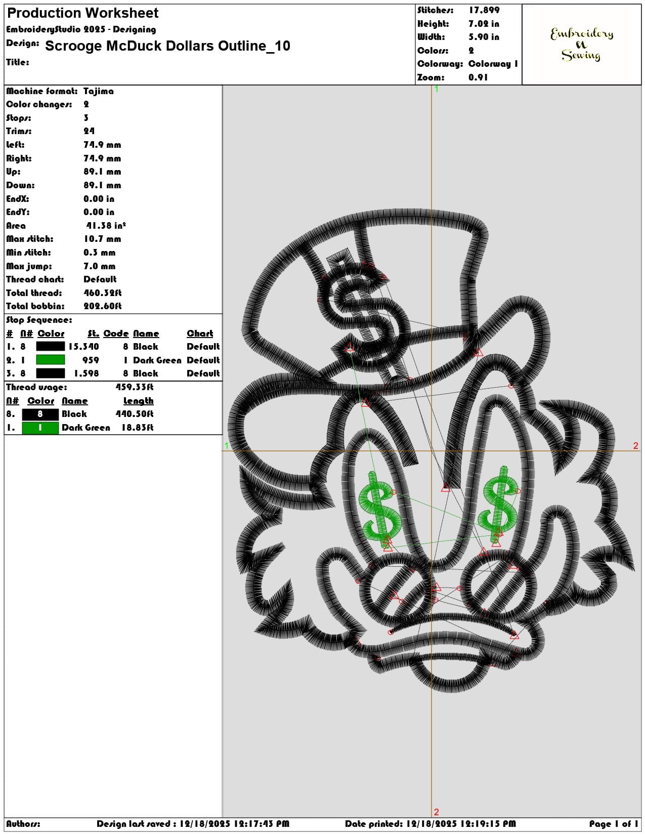 Scrooge McDuck Dollars Outline- Elegant embroidery design file - instant download — view 3
