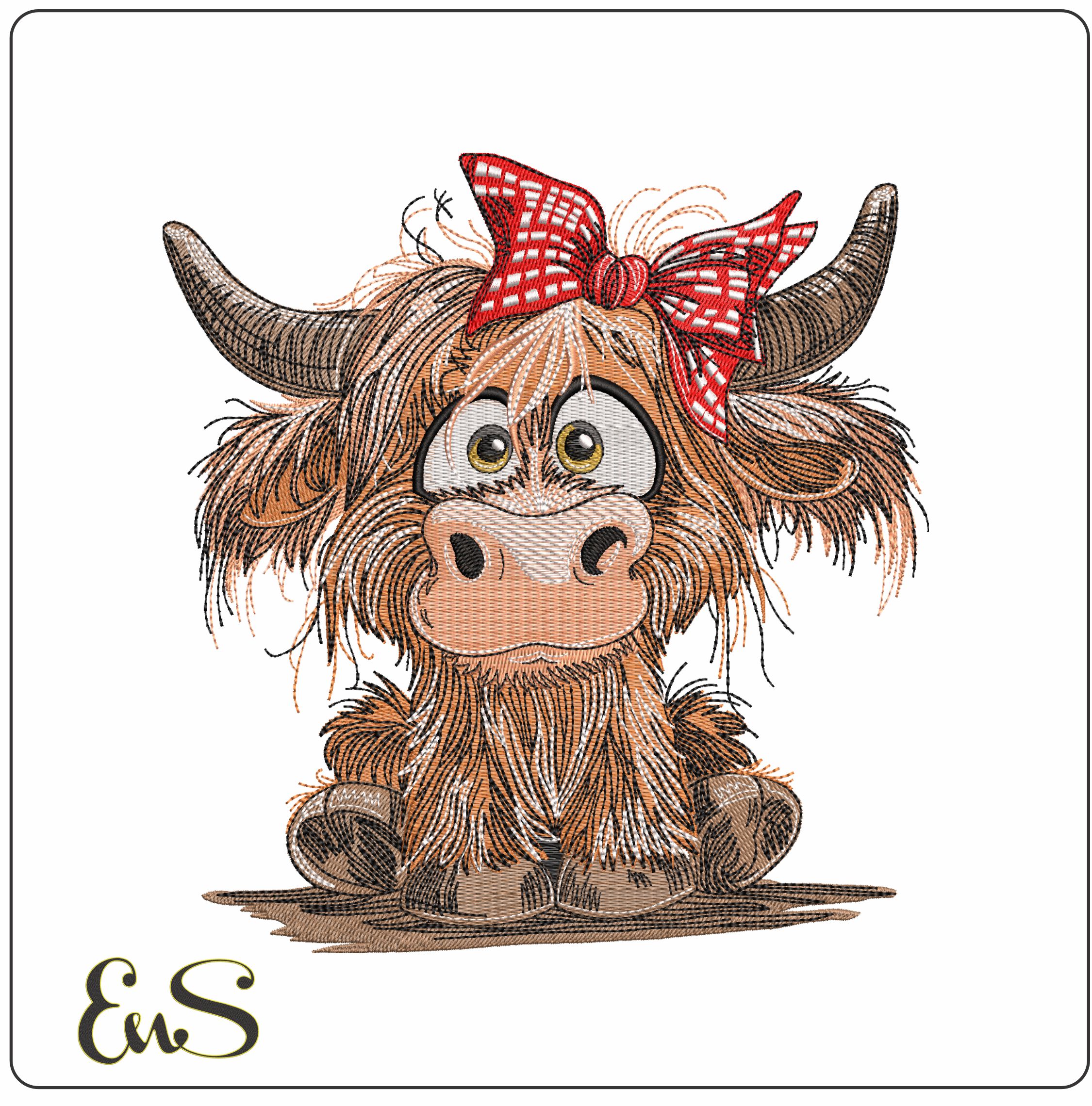 Scruffy Highland Cow- Elegant embroidery design file - instant download