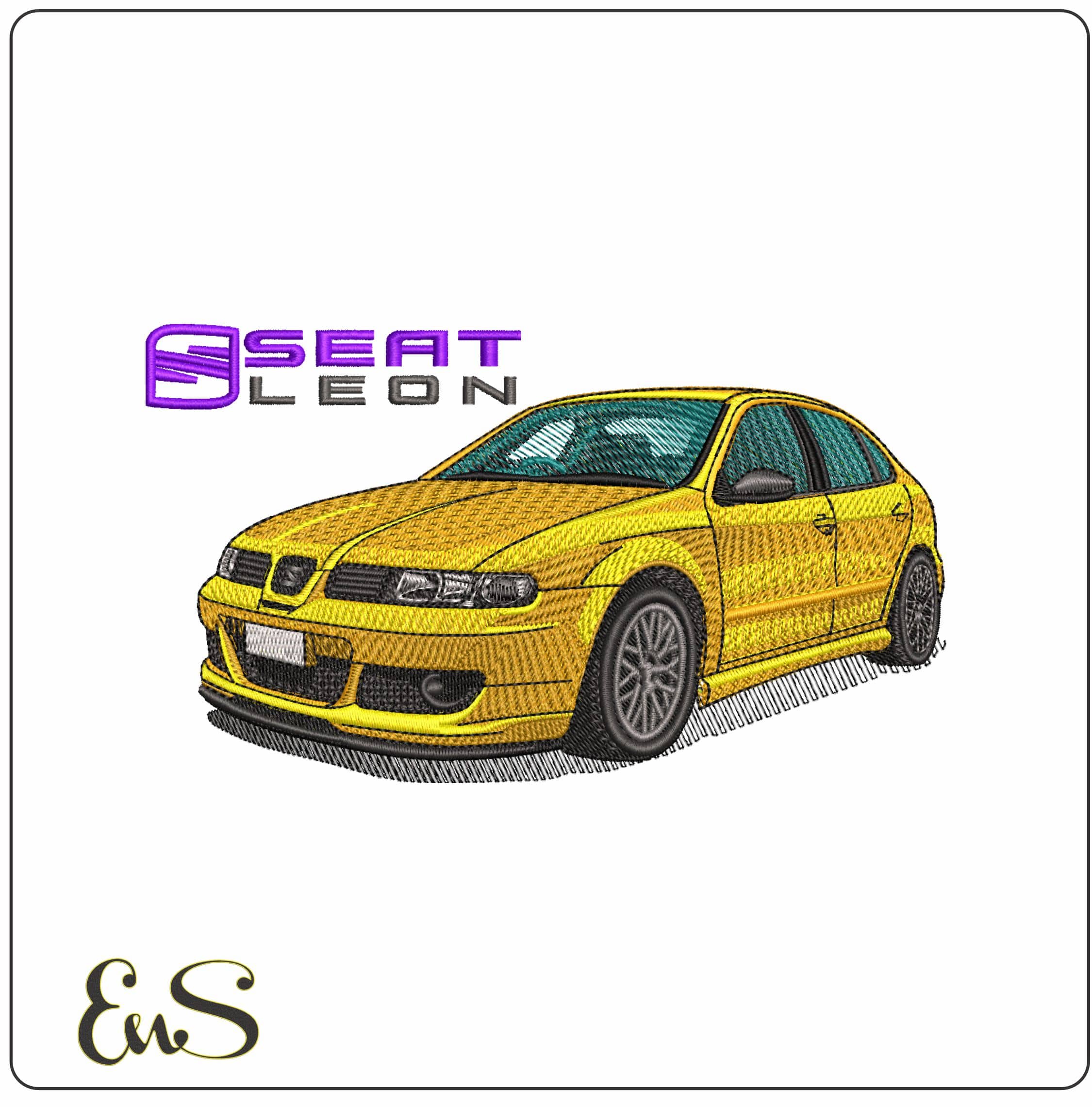 Seat Leon Yellow with Name- Elegant embroidery design file - instant download