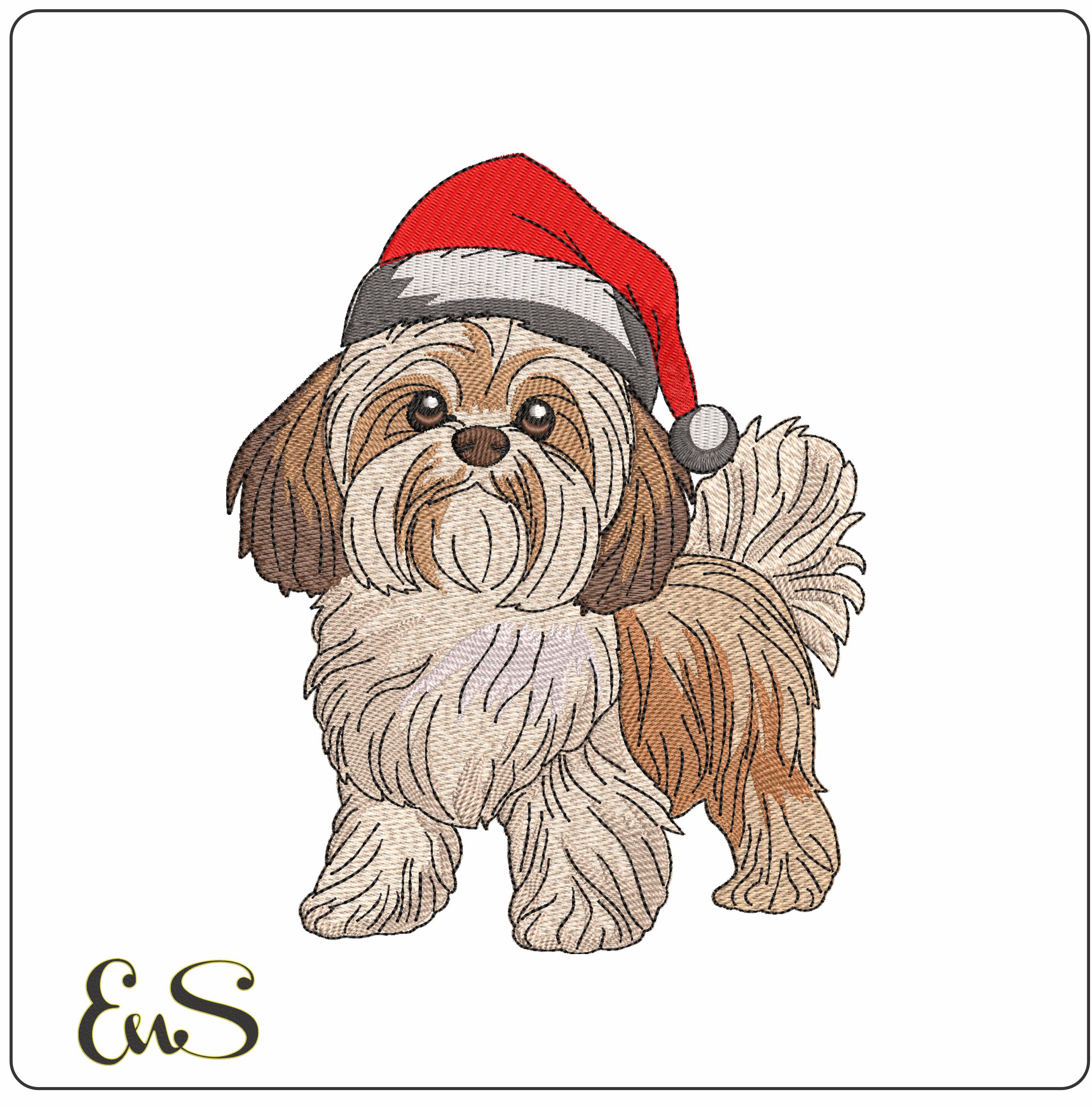 Shitsu Dog with Xmas Hat- Elegant embroidery design file - instant download