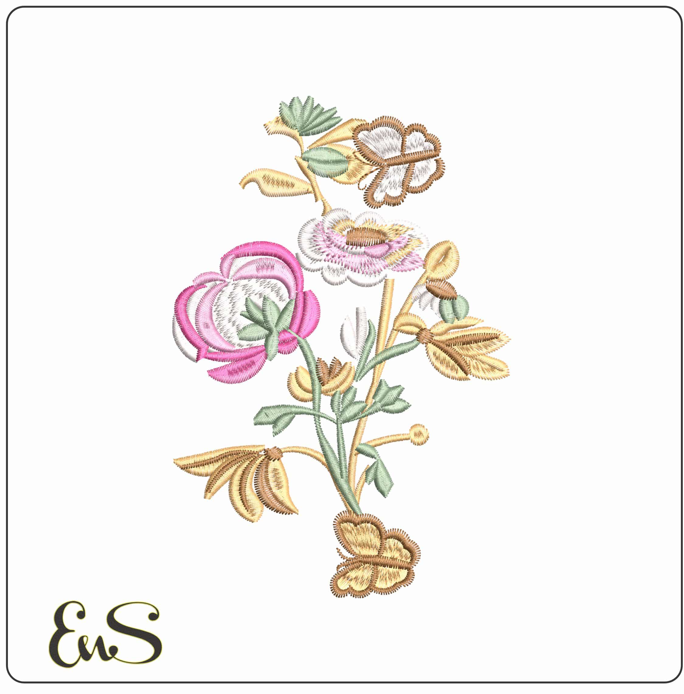 Simple Butterfly and Pink Flower- Elegant embroidery design file - instant download