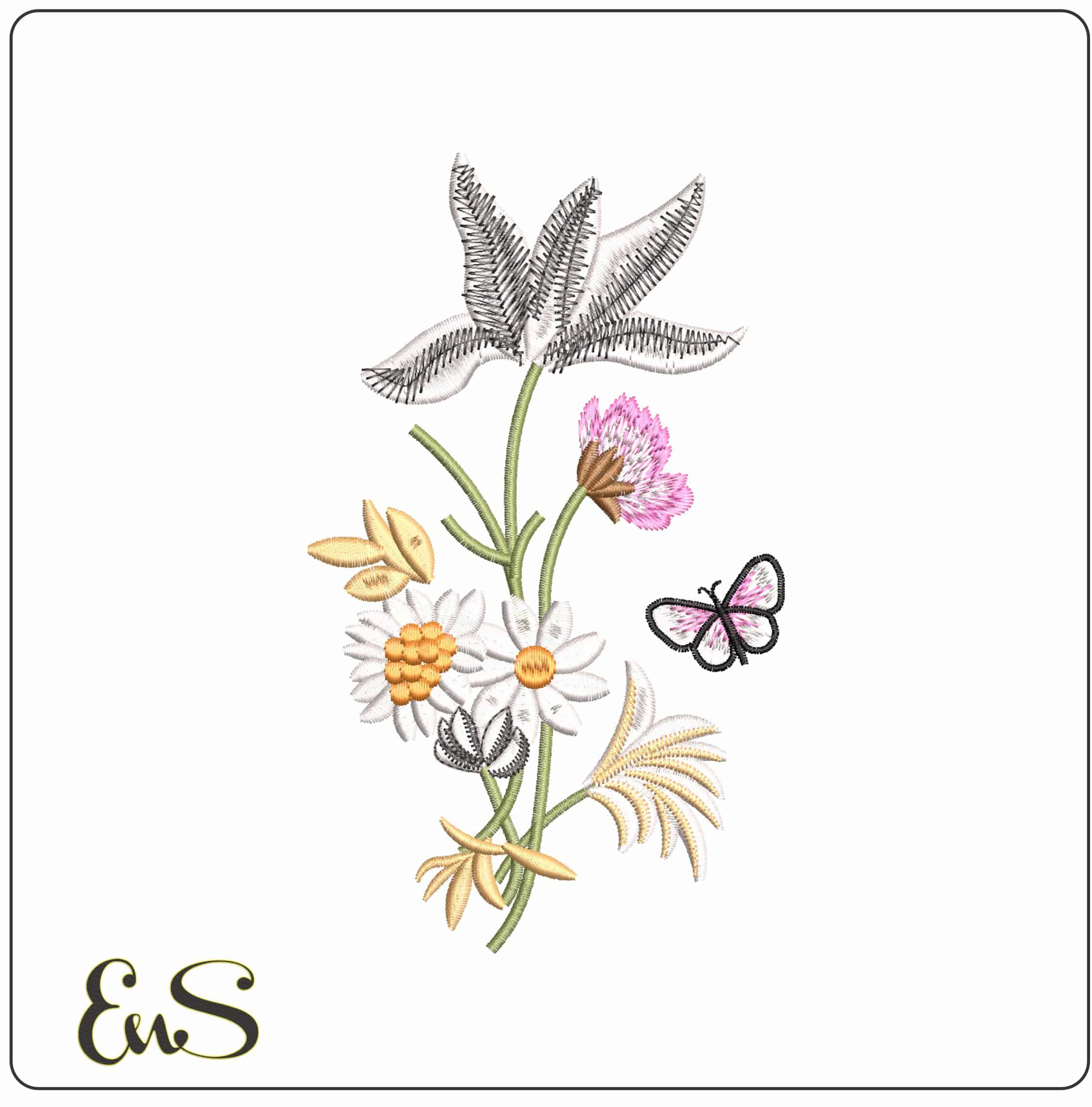 Simple Daisy and Butterfly- Elegant embroidery design file - instant download