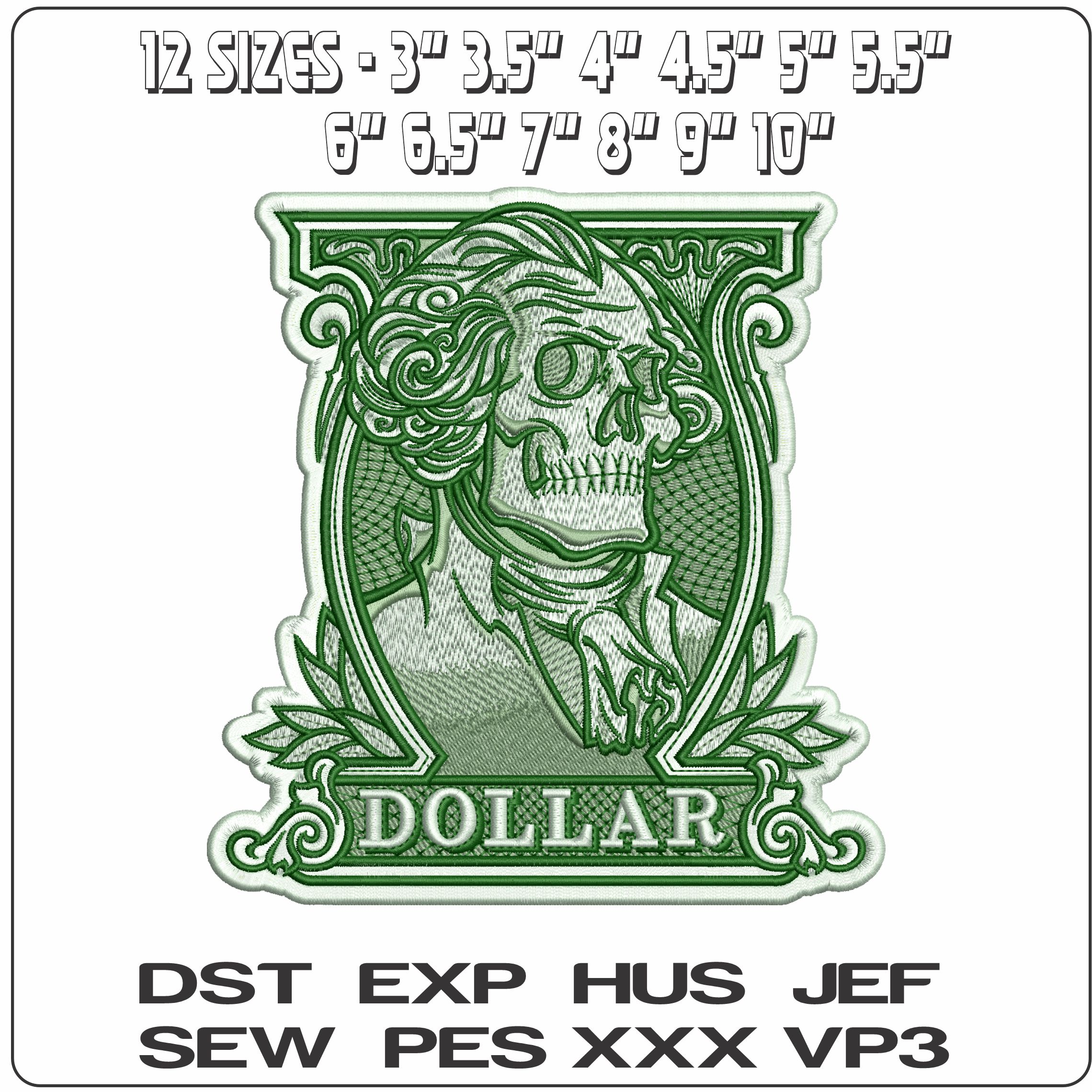 Skull Dollar- Elegant embroidery design file - instant download — view 2