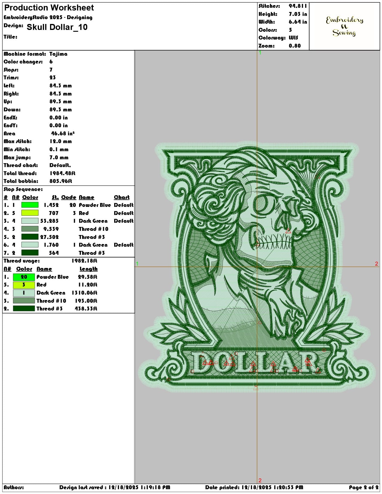 Skull Dollar- Elegant embroidery design file - instant download — view 3