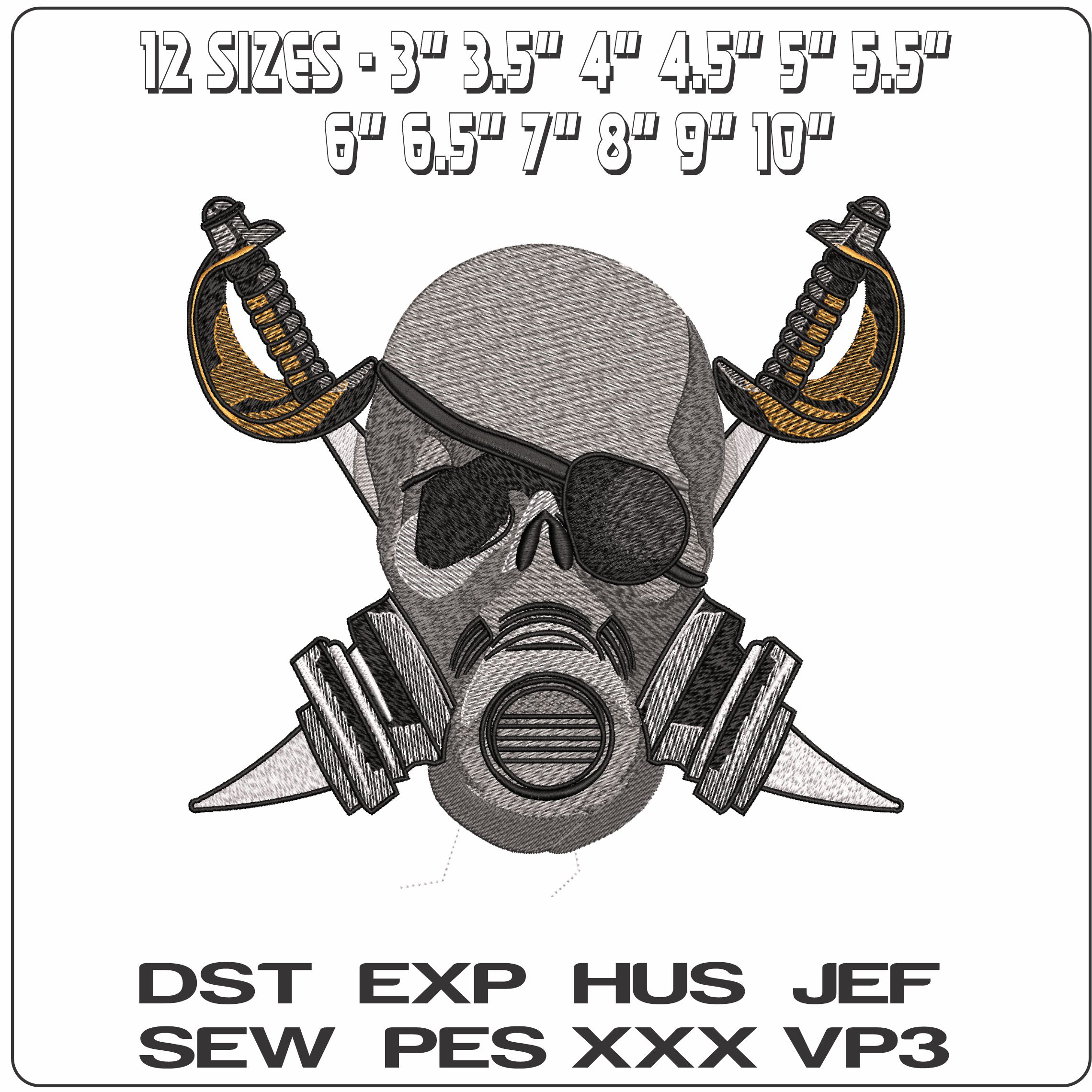 Skull in Gas Mask Crossed Swords- Elegant embroidery design file - instant download — view 2