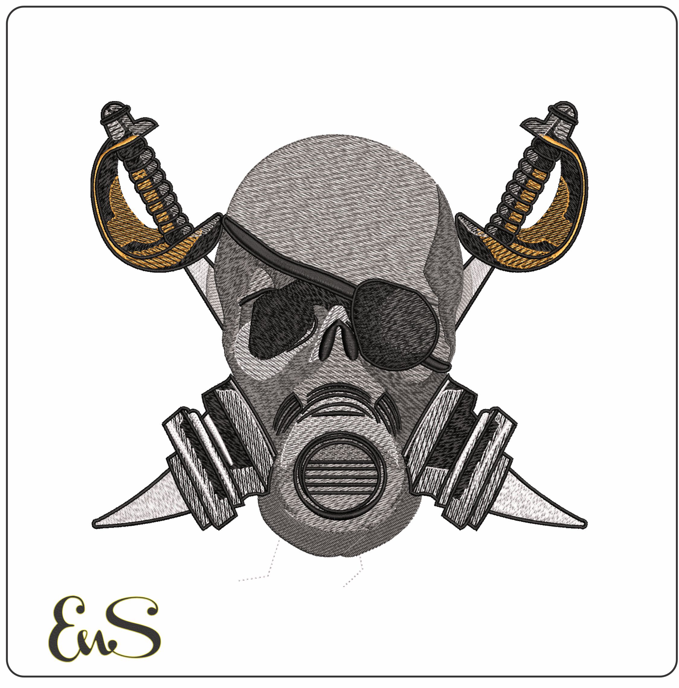 Skull in Gas Mask Crossed Swords- Elegant embroidery design file - instant download
