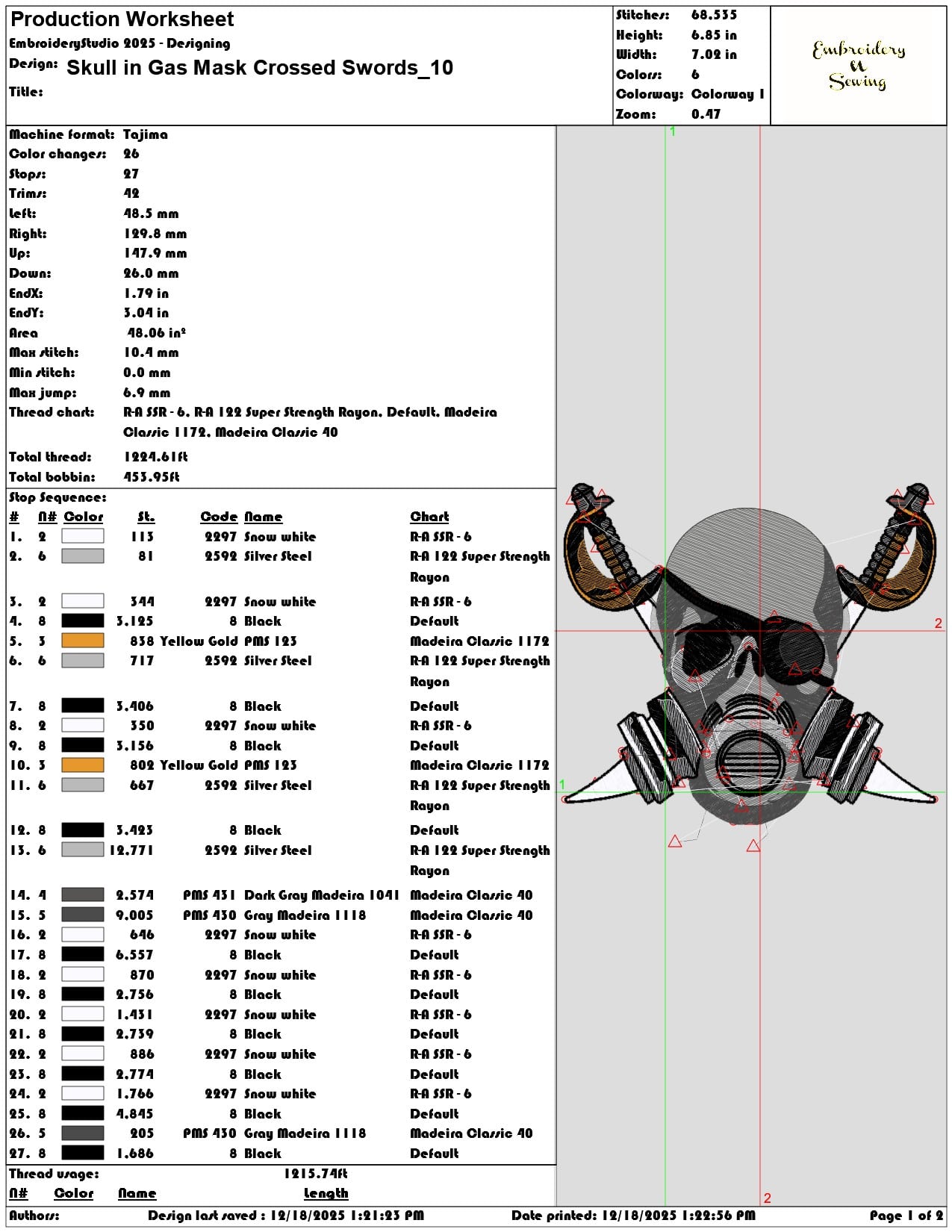 Skull in Gas Mask Crossed Swords- Elegant embroidery design file - instant download — view 3