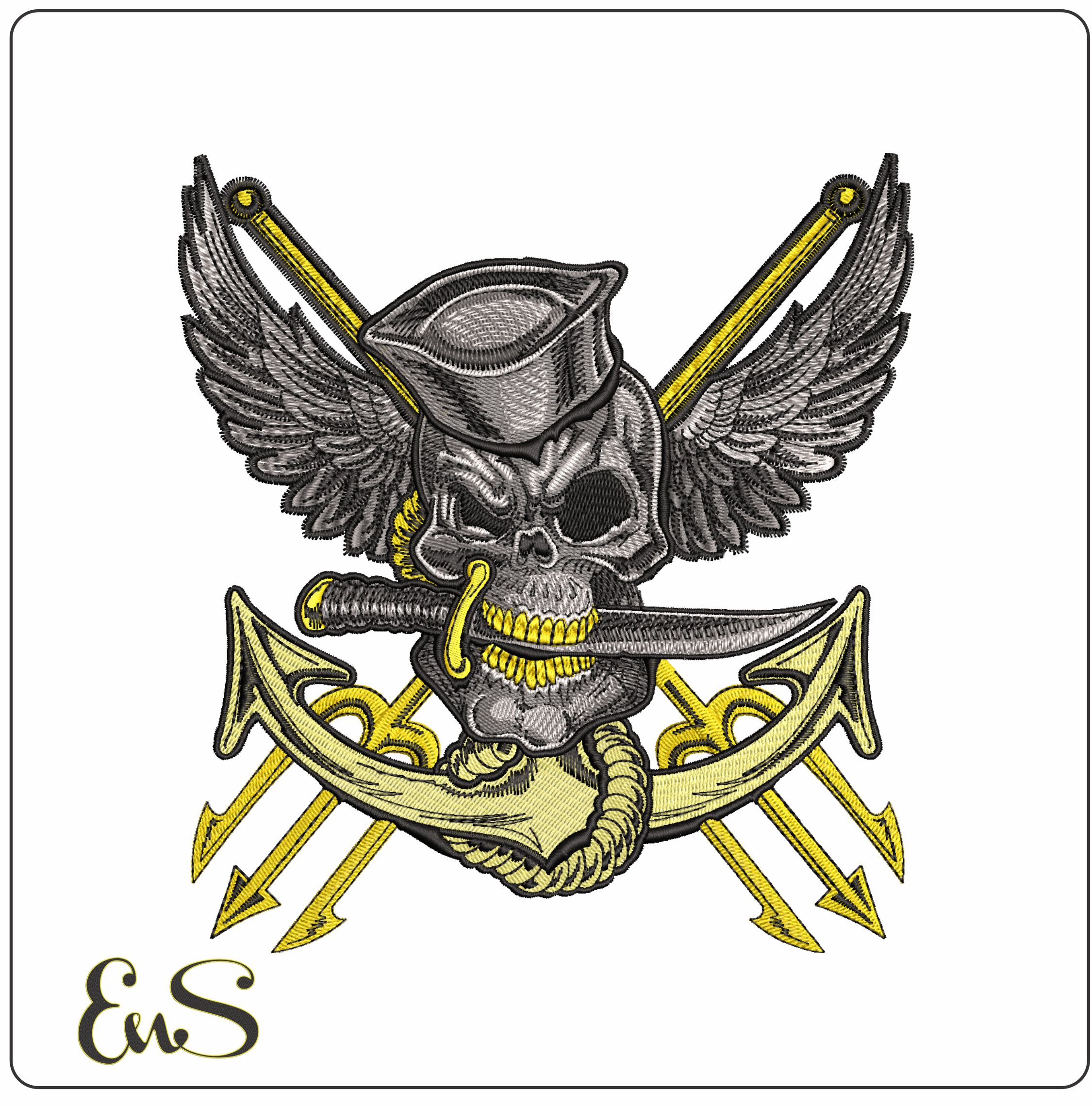 Skull with Knife Anchor and Tridents- Elegant embroidery design file - instant download