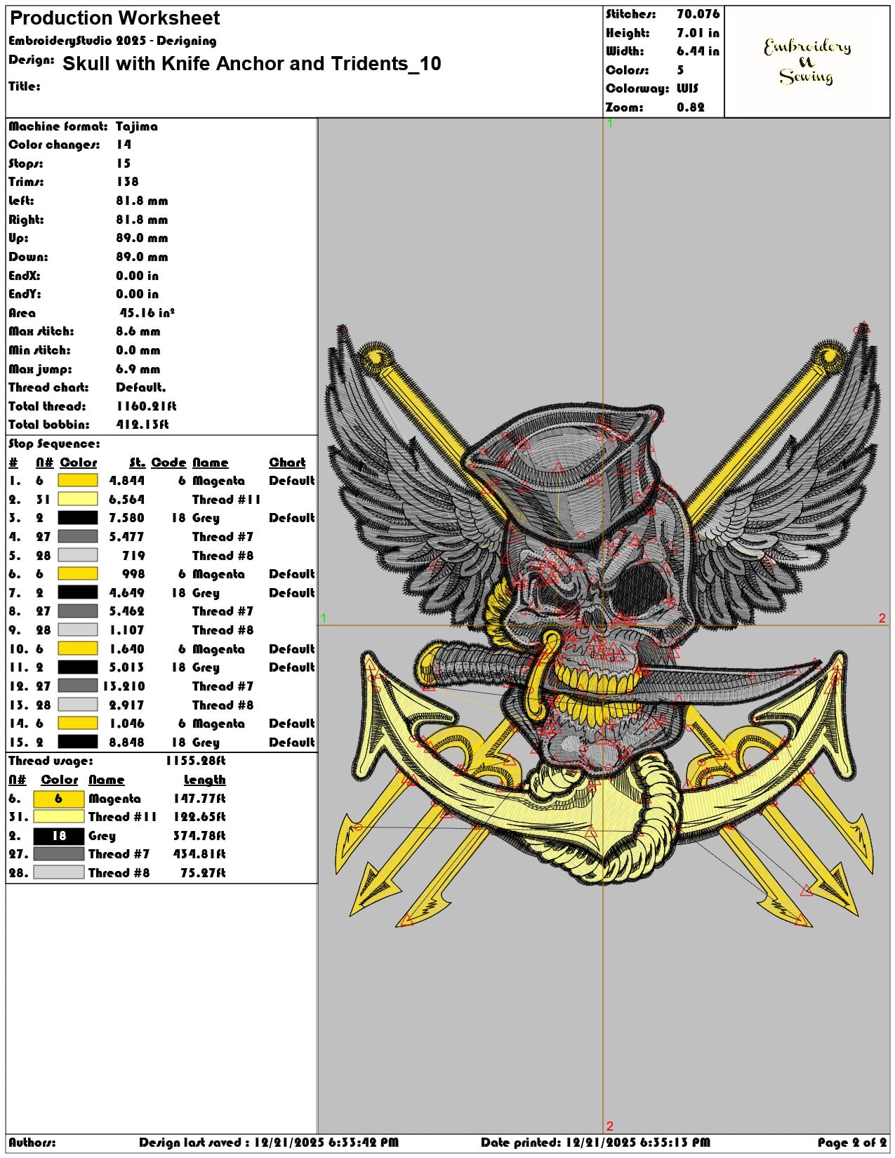 Skull with Knife Anchor and Tridents- Elegant embroidery design file - instant download — view 3