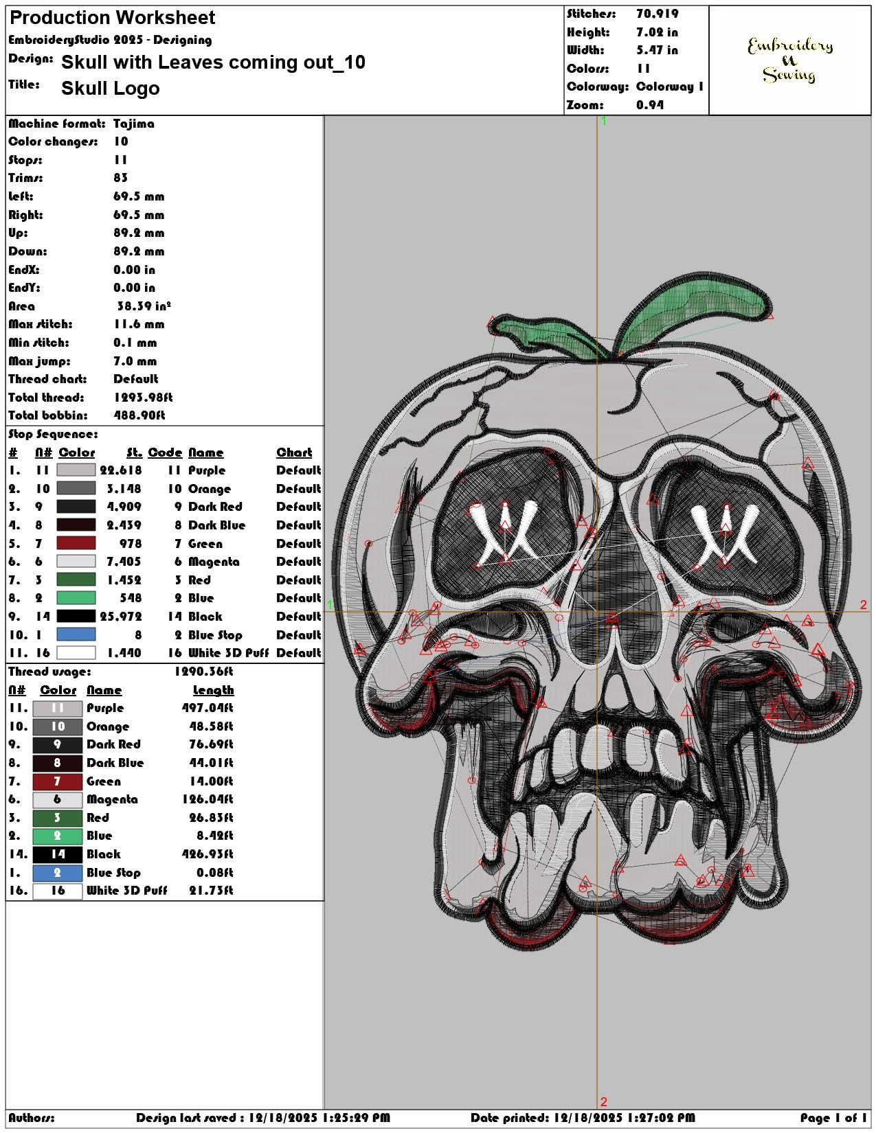Skull with Leaves coming out- Elegant embroidery design file - instant download — view 3