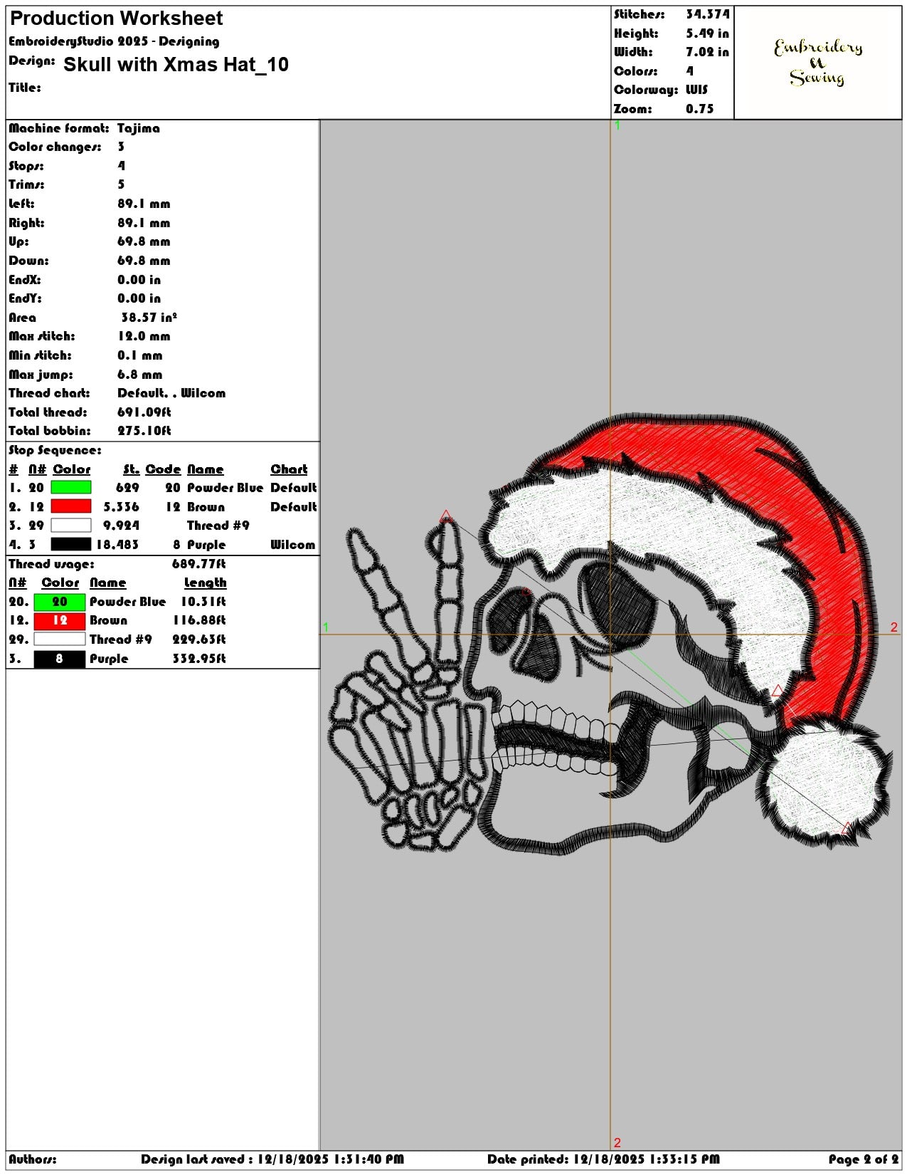 Skull with Xmas Hat- Elegant embroidery design file - instant download — view 4
