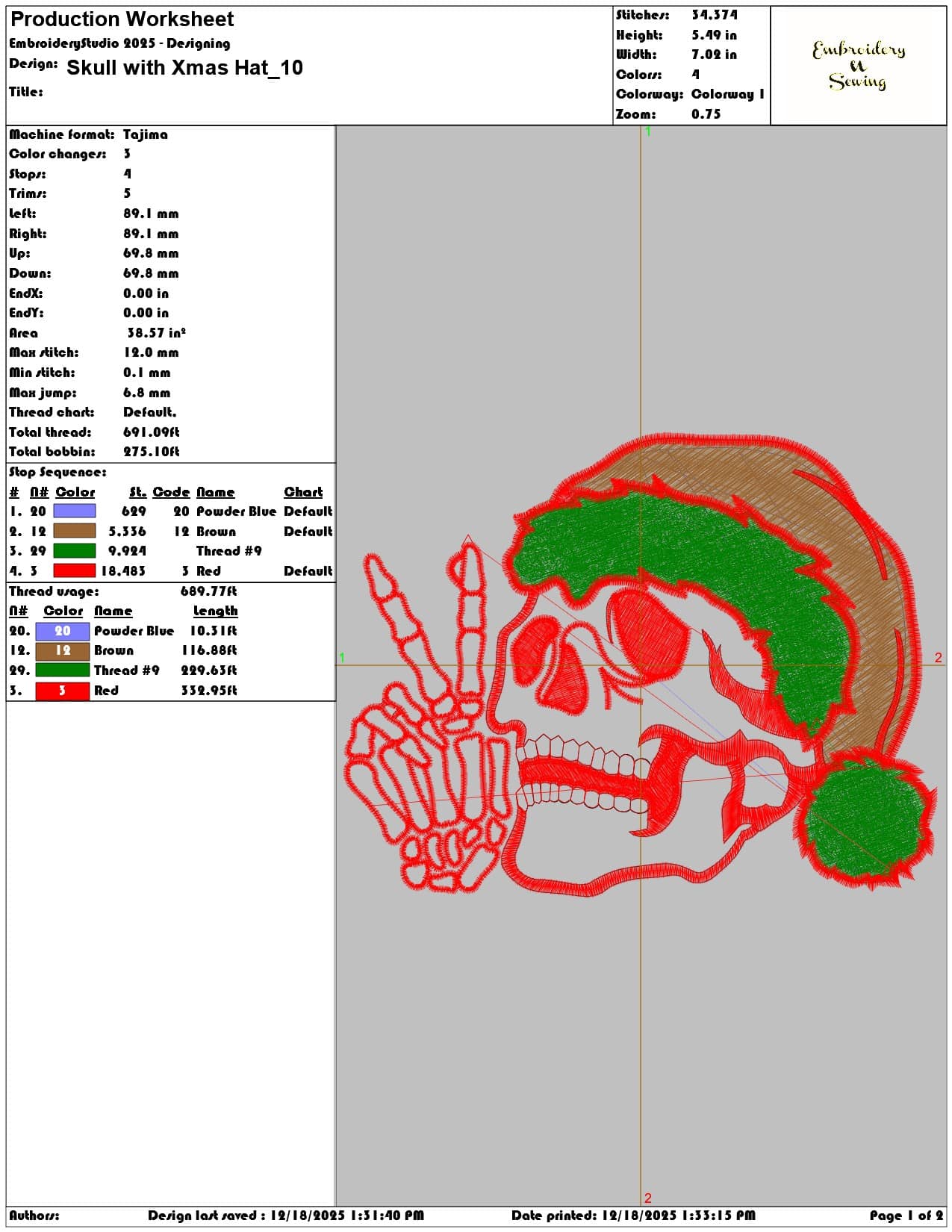 Skull with Xmas Hat- Elegant embroidery design file - instant download — view 3