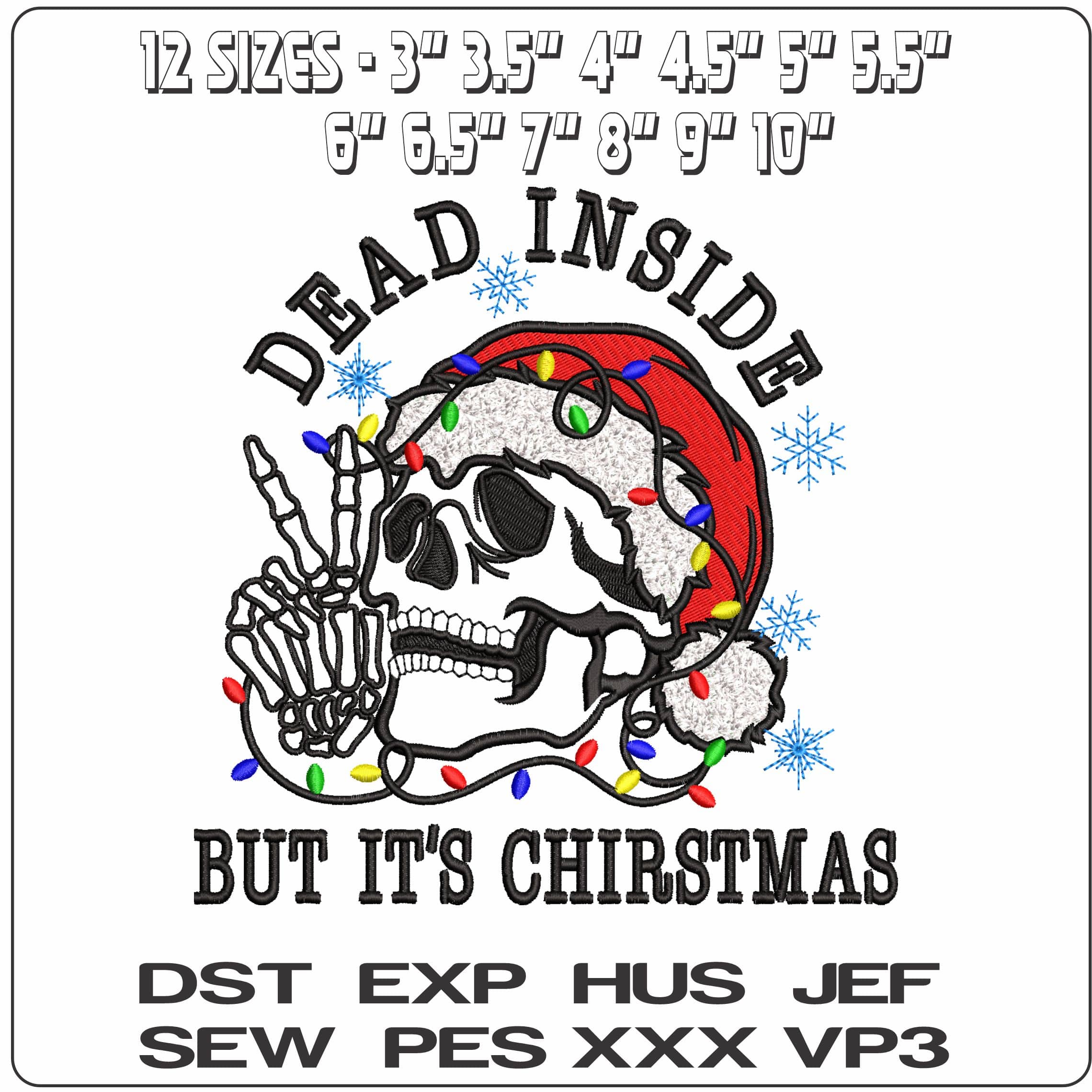 Skull with Xmas Hat Dead Inside- Elegant embroidery design file - instant download — view 2