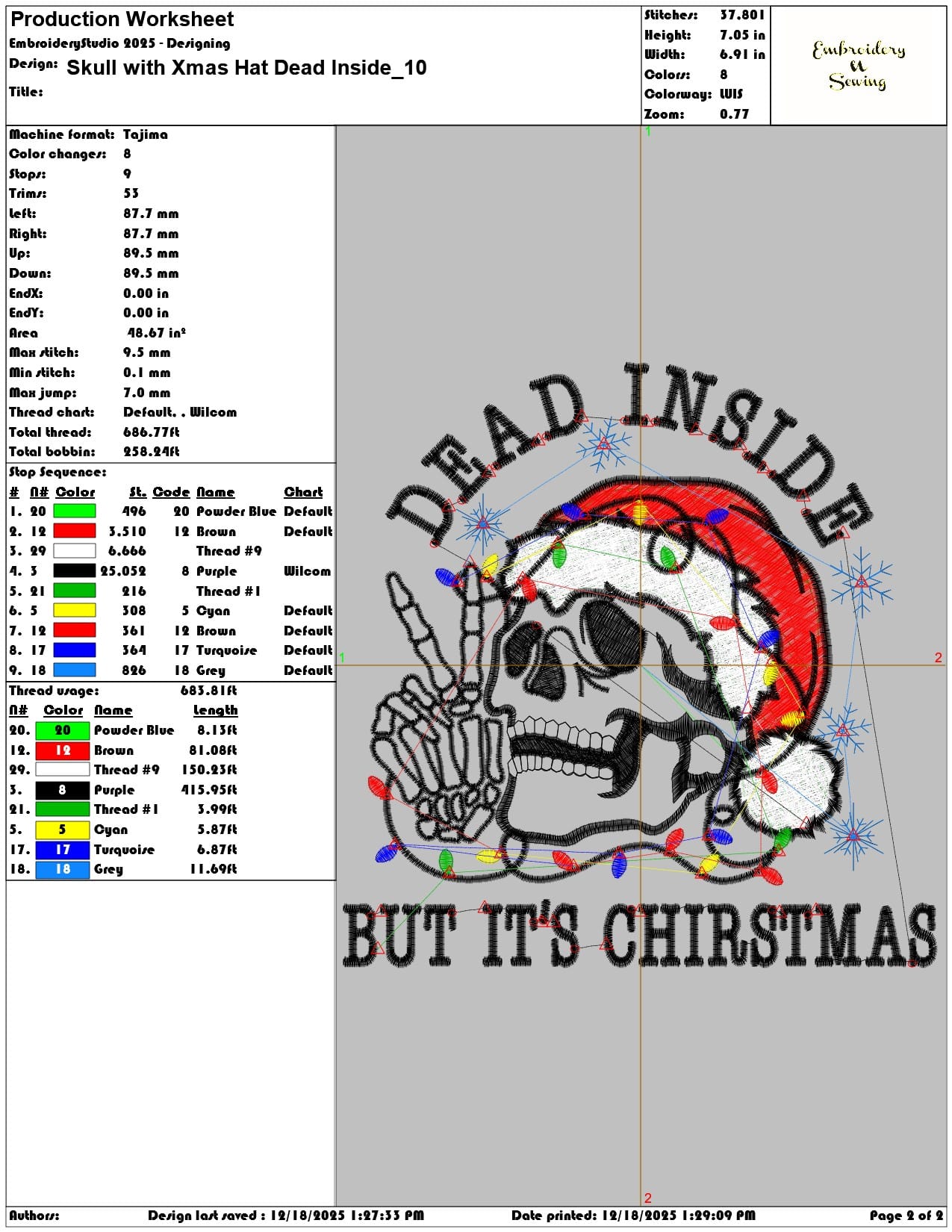 Skull with Xmas Hat Dead Inside- Elegant embroidery design file - instant download — view 3