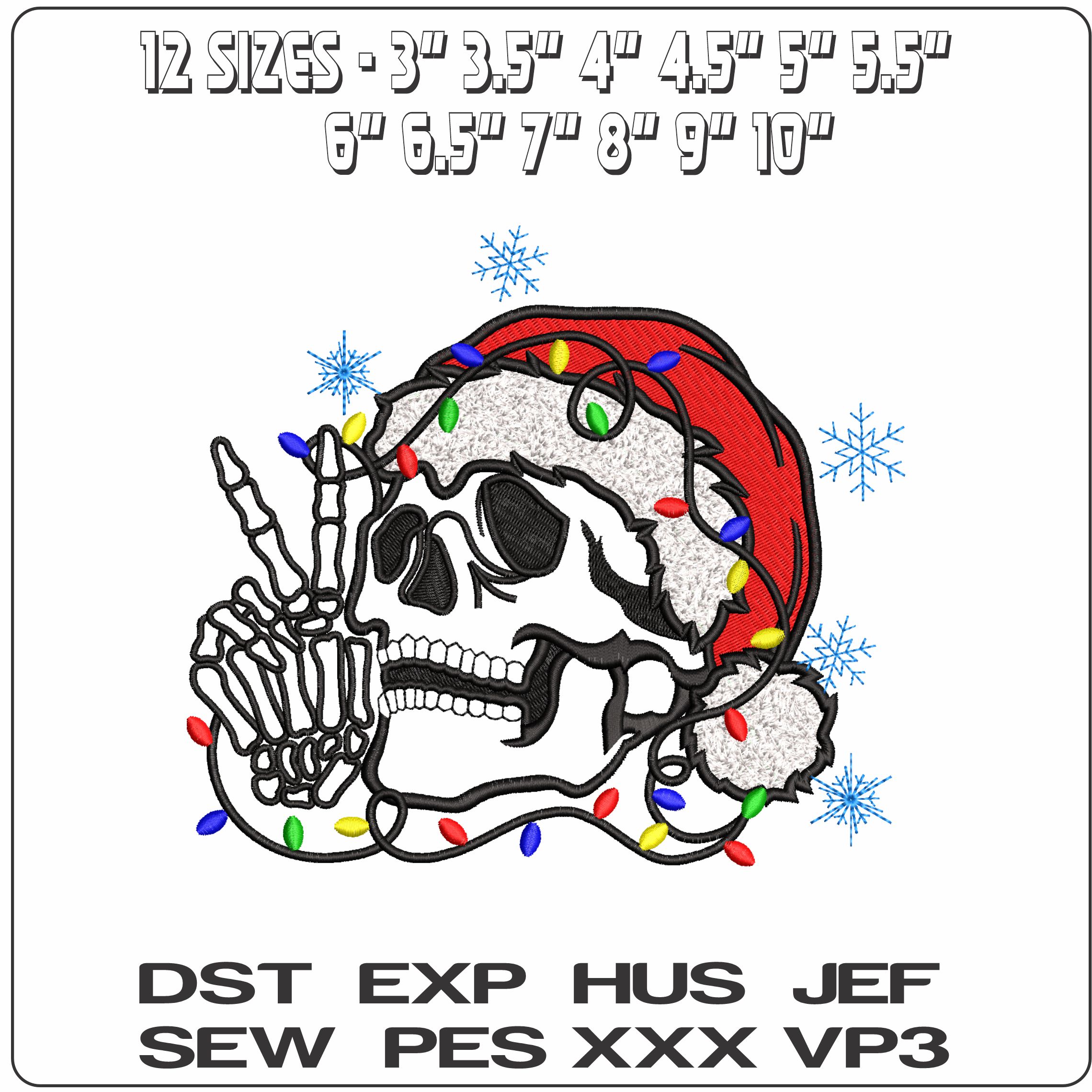 Skull with Xmas Hat Snow flakes- Elegant embroidery design file - instant download — view 2