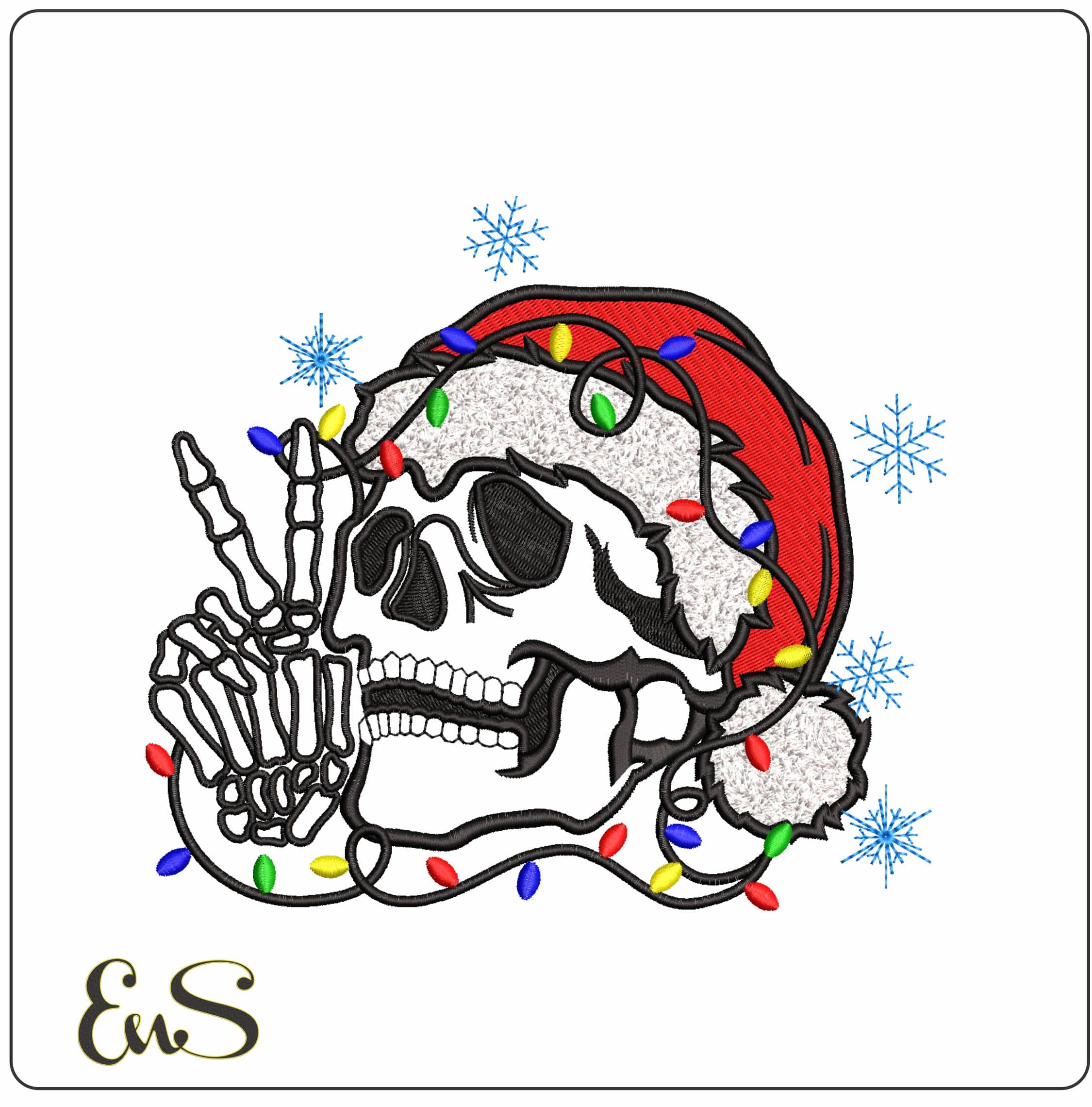 Skull with Xmas Hat Snow flakes- Elegant embroidery design file - instant download