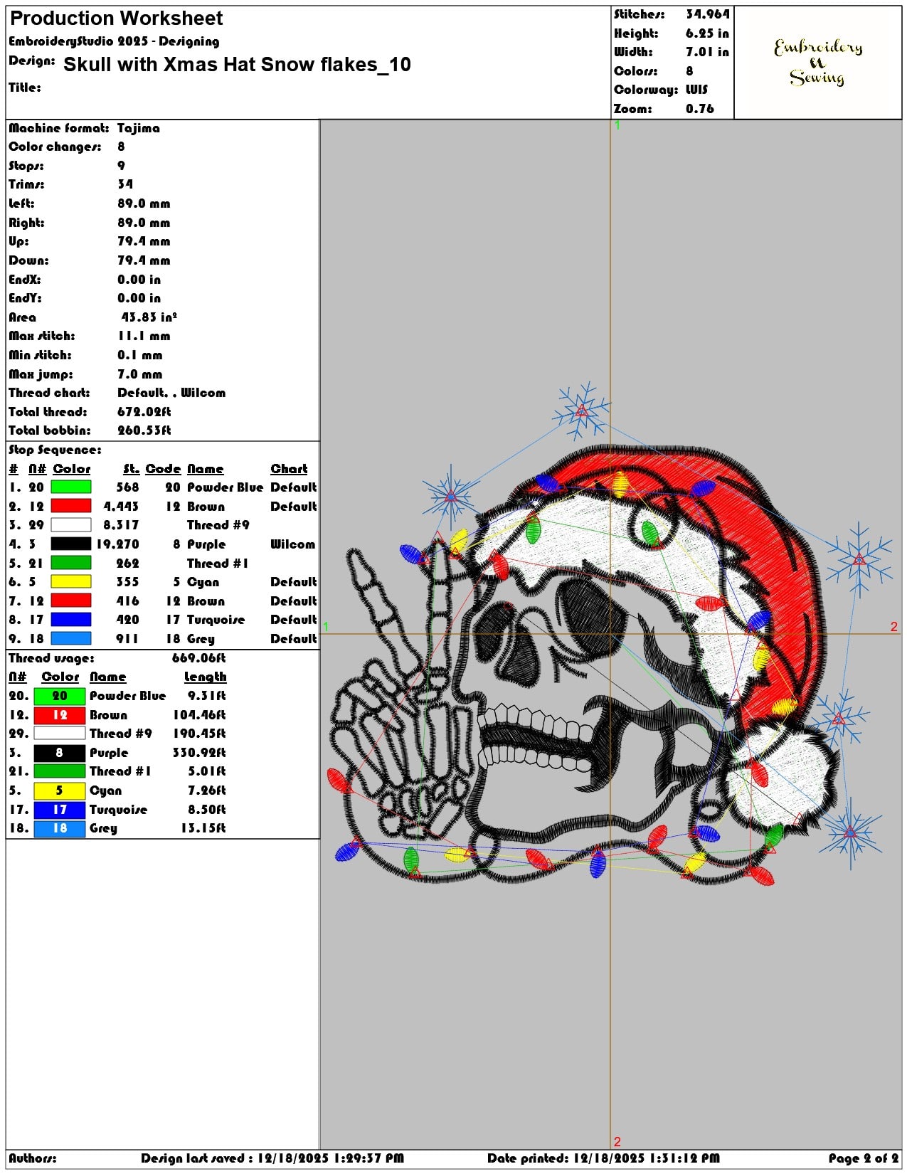 Skull with Xmas Hat Snow flakes- Elegant embroidery design file - instant download — view 3
