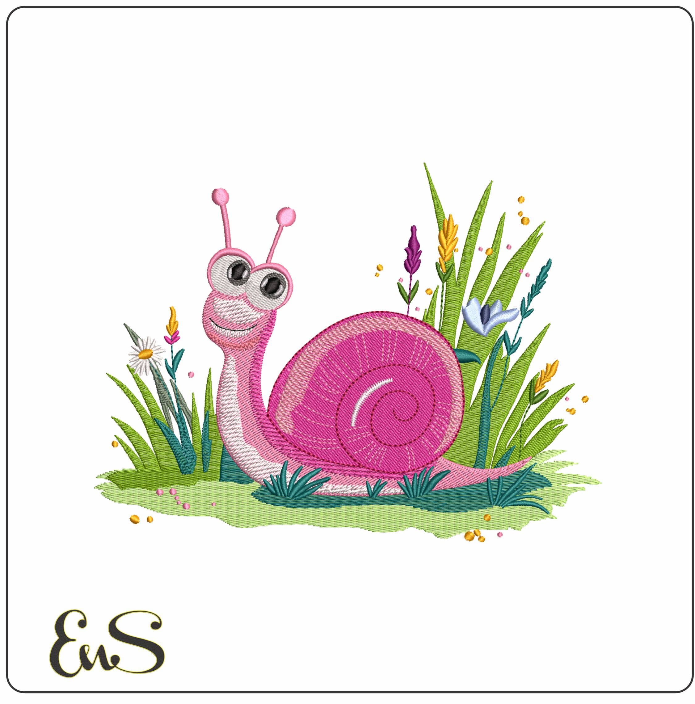 Snail Smiling in Grass- Elegant embroidery design file - instant download