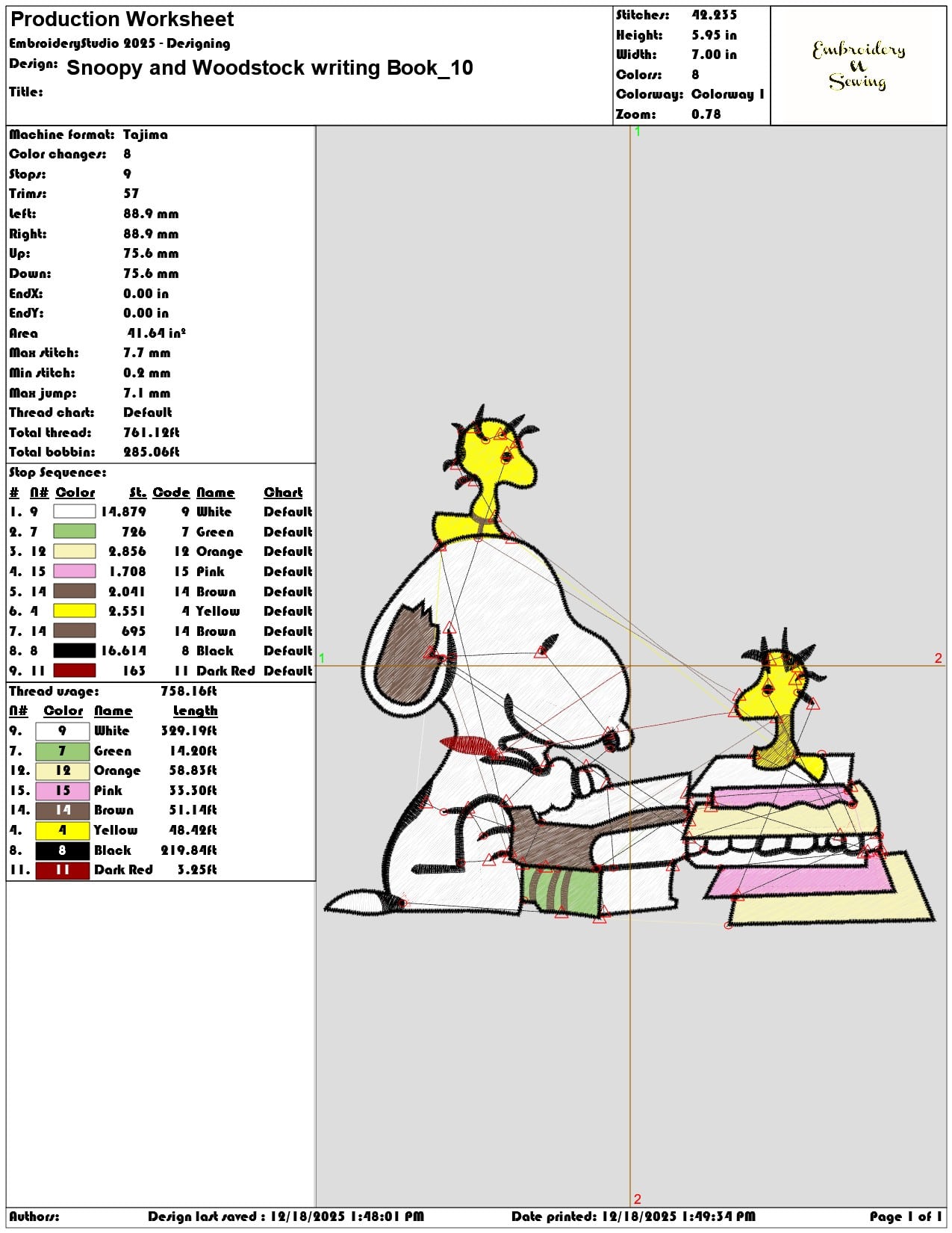 Snoopy and Woodstock writing Book- Elegant embroidery design file - instant download — view 3