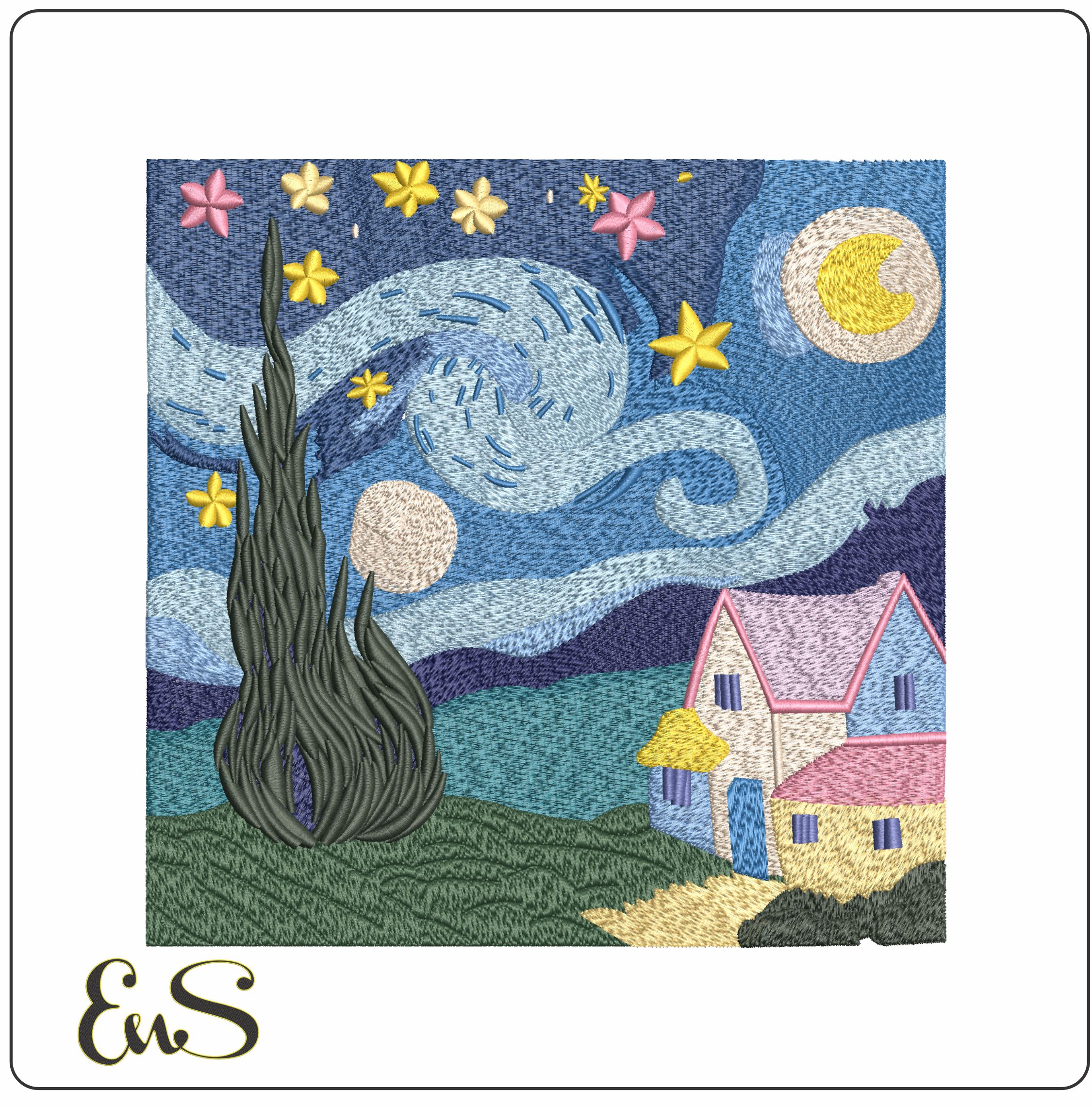Starry night Van Gogh Painting- Elegant embroidery design file - instant download