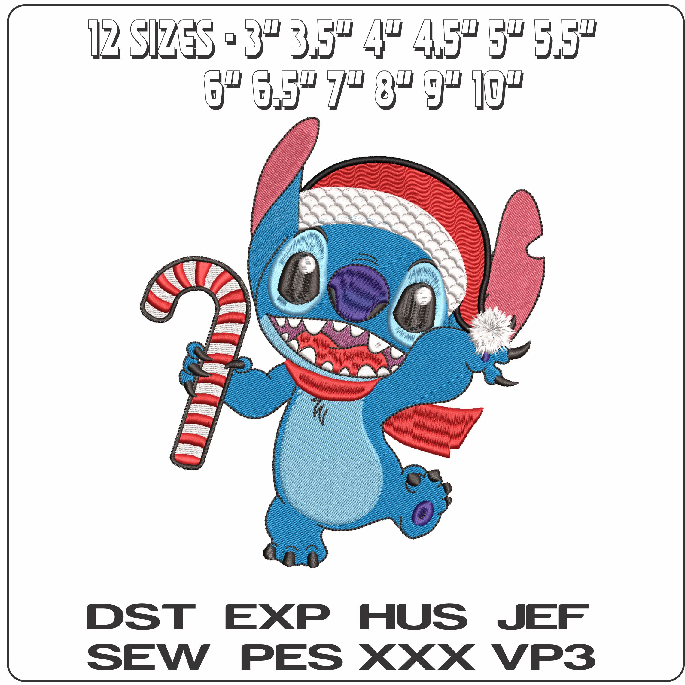 Stitch Candy Cane Xmas hat- Elegant embroidery design file - instant download — view 2