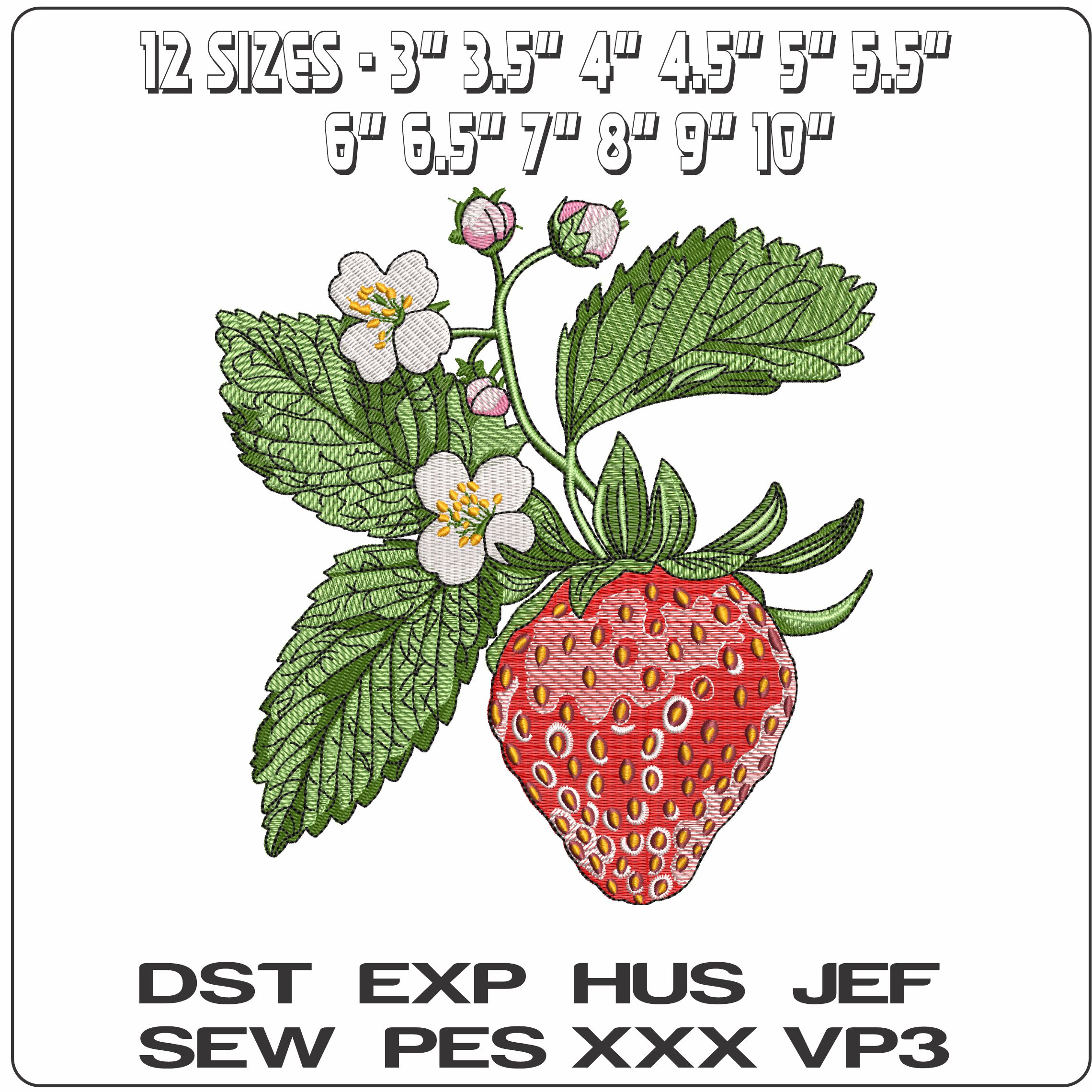 Strawberry with Leaves and Flowers- Elegant embroidery design file - instant download — view 2