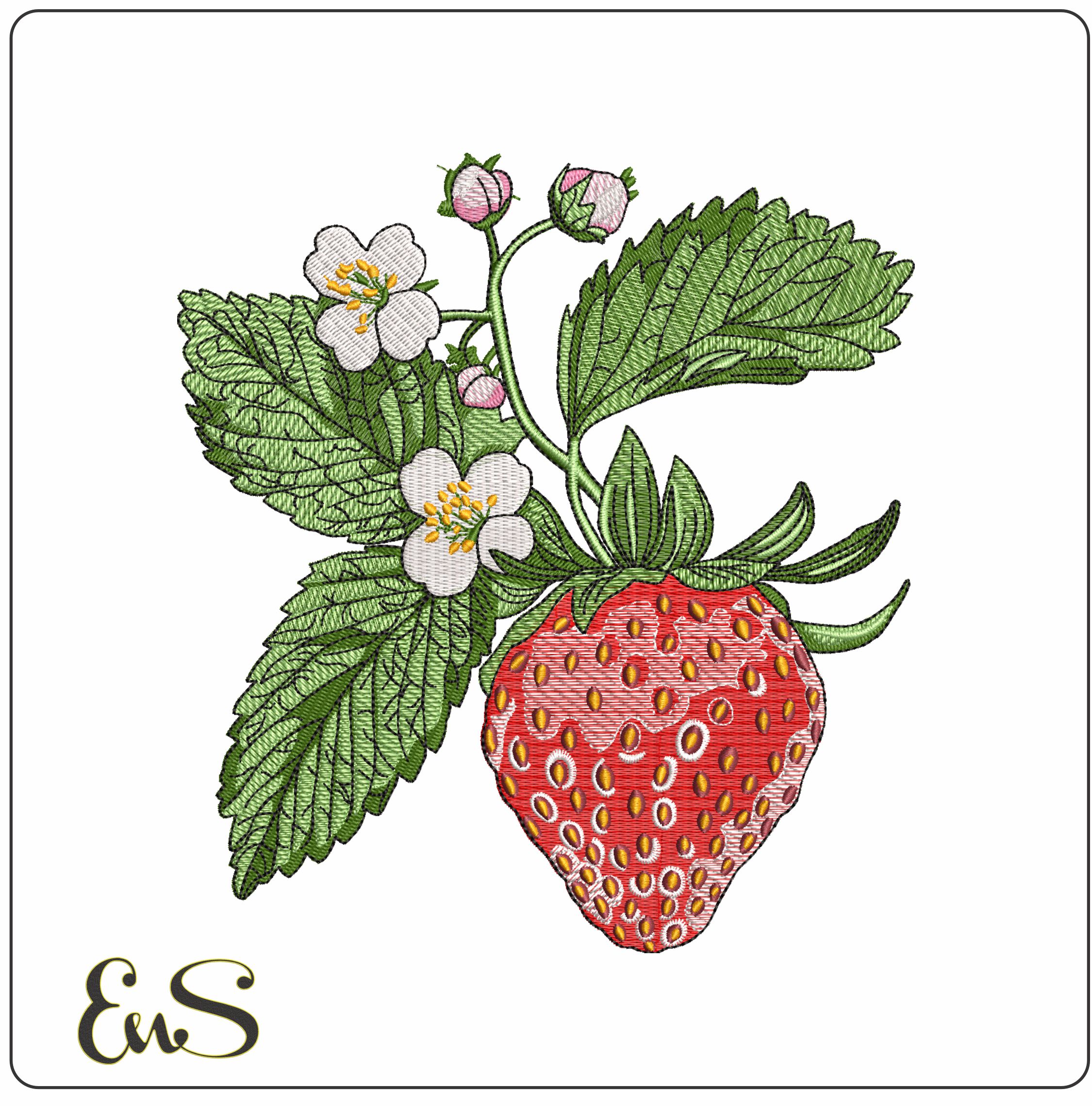 Strawberry with Leaves and Flowers- Elegant embroidery design file - instant download