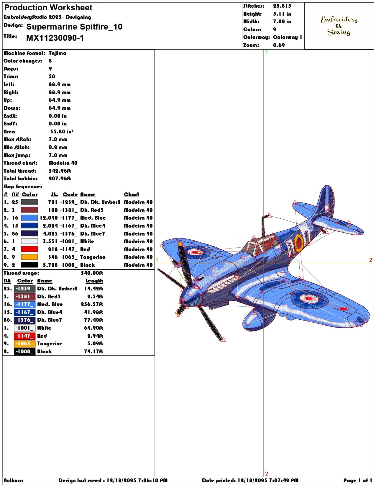 Supermarine Spitfire- Elegant embroidery design file - instant download — view 3
