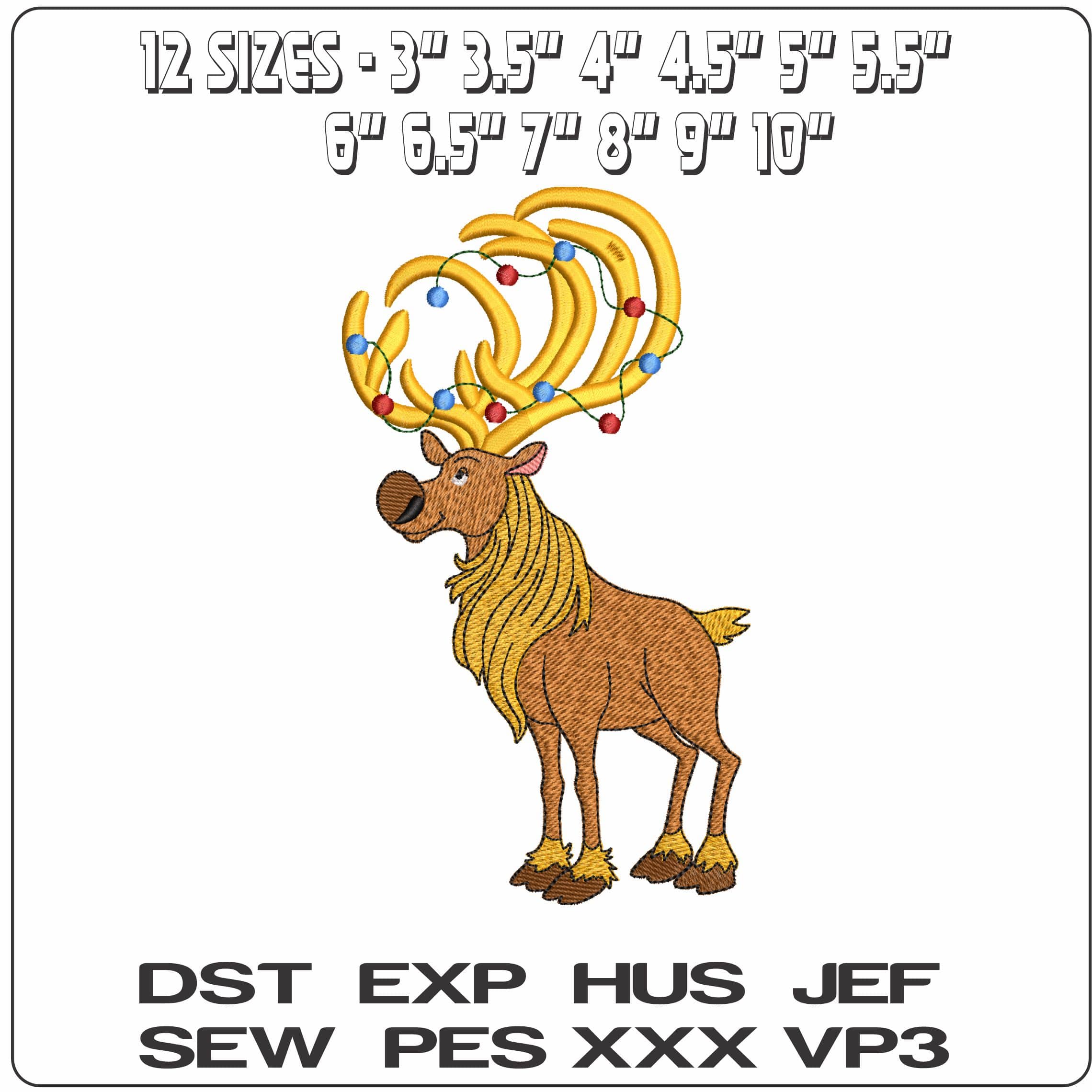 Sven Christmas Lights Reindeer Frozen- Elegant embroidery design file - instant download — view 2