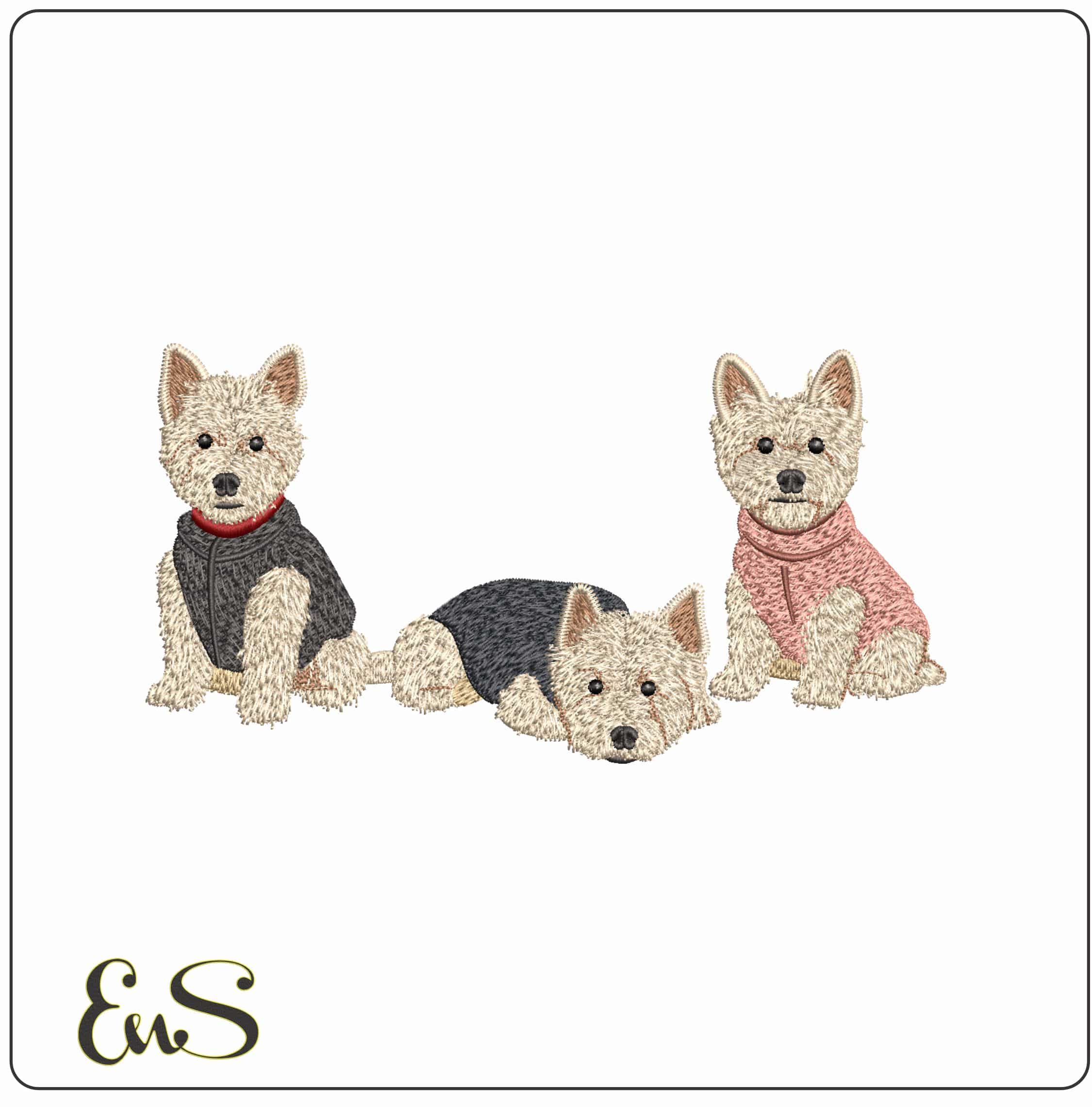 Terrier dogs in winter outfit- Elegant embroidery design file - instant download