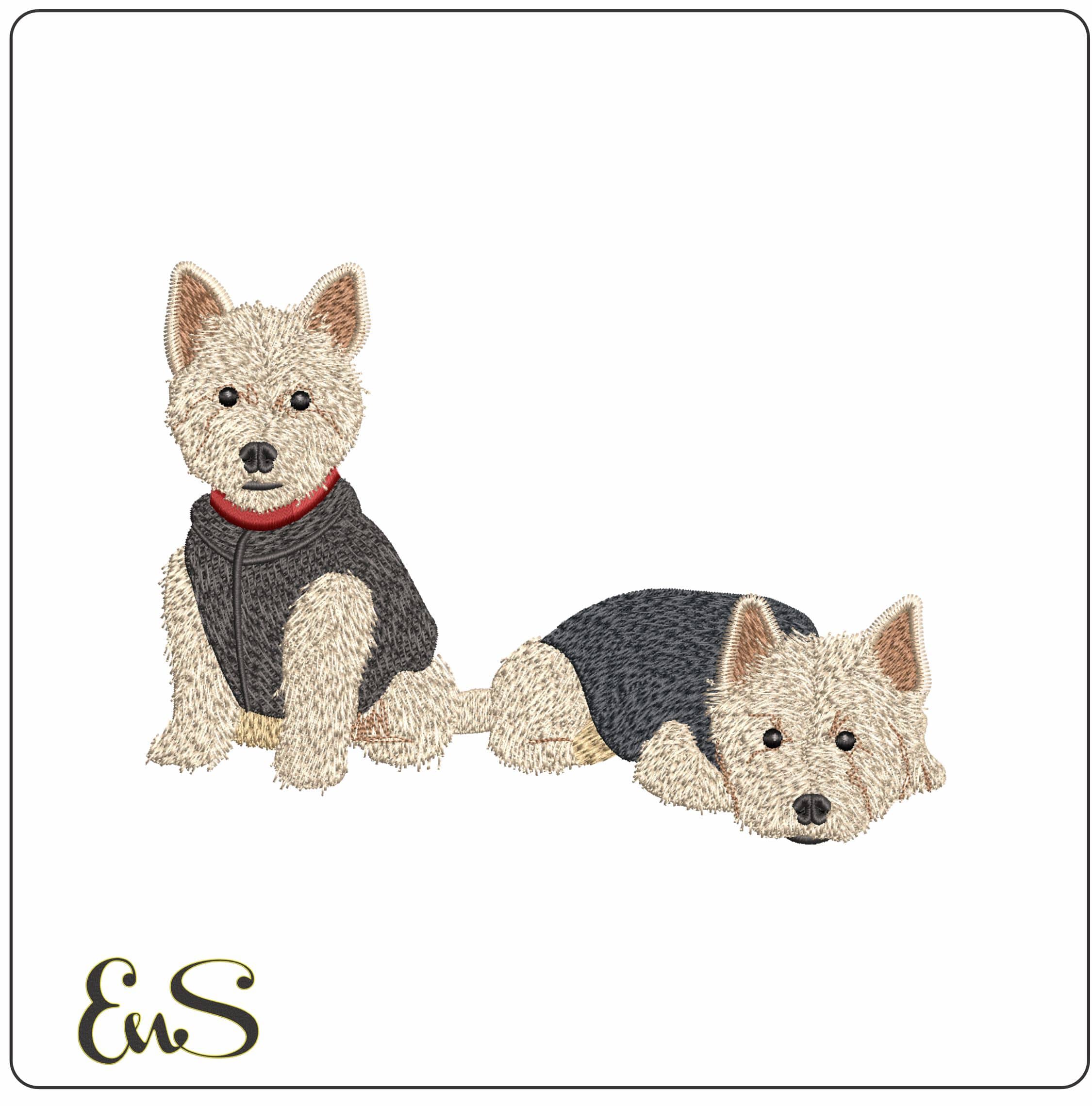 Terrier twin dogs in winter outfit- Elegant embroidery design file - instant download