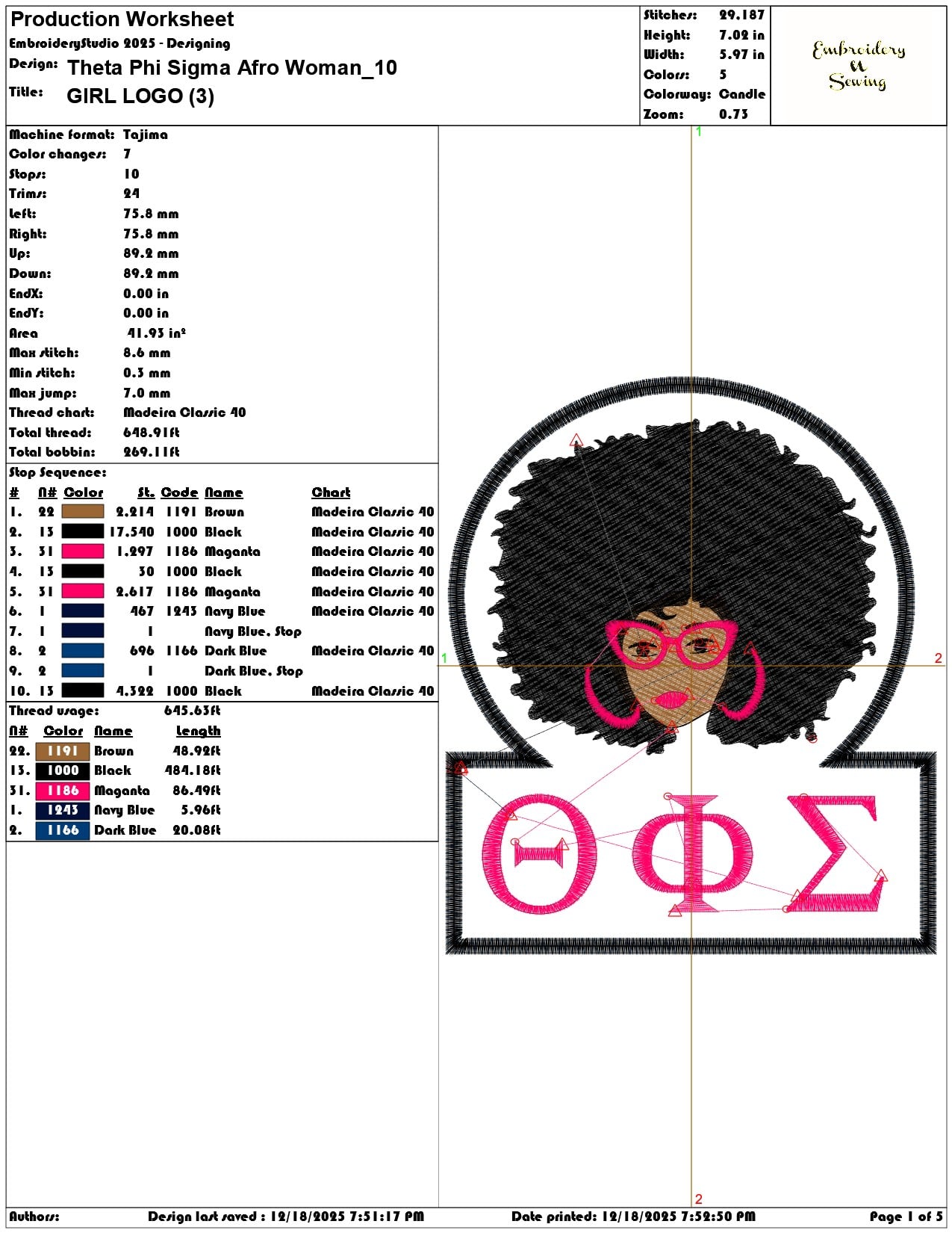 Theta Phi Sigma Afro Woman- Elegant embroidery design file - instant download — view 3