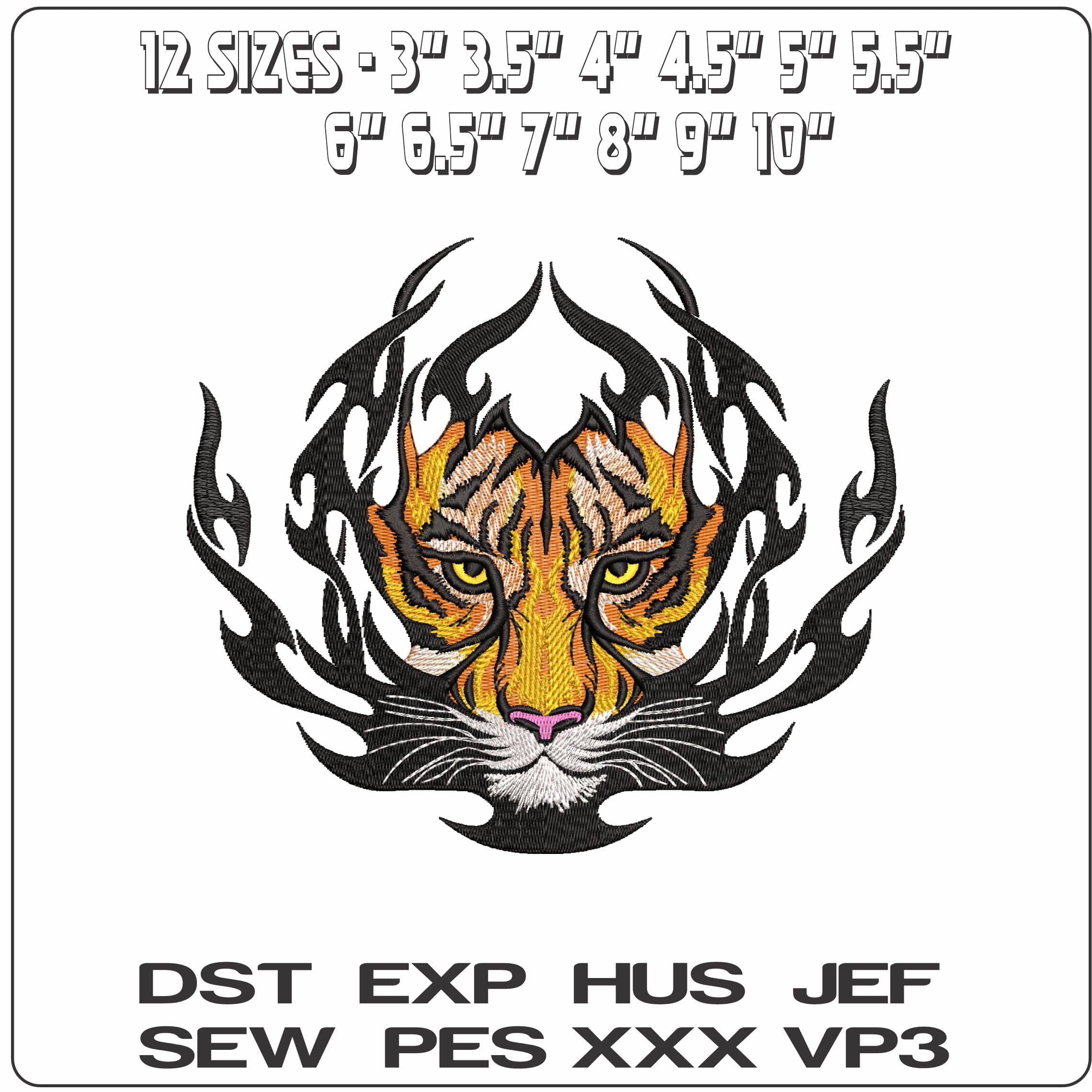 Tiger face in flames Tattoo- Elegant embroidery design file - instant download — view 2
