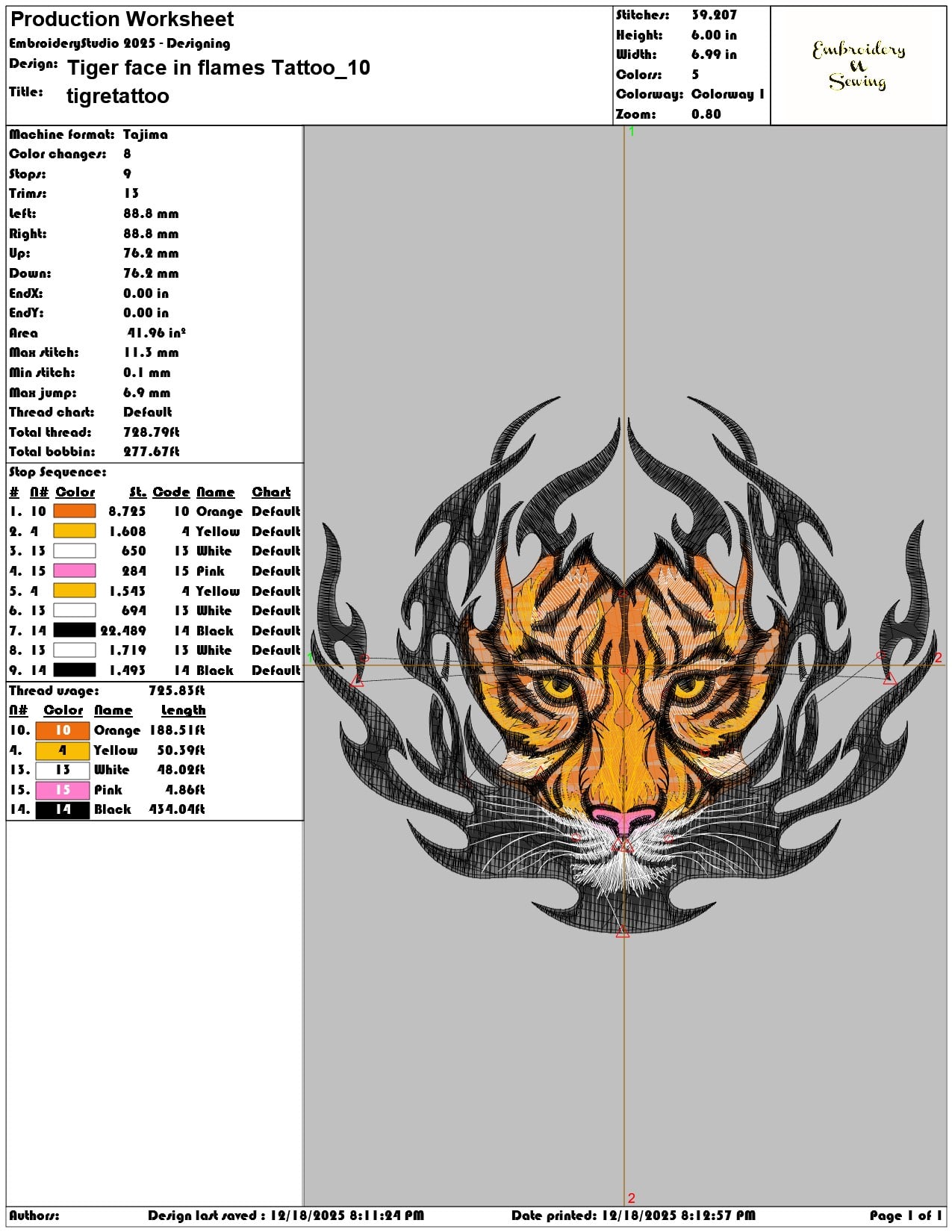 Tiger face in flames Tattoo- Elegant embroidery design file - instant download — view 3