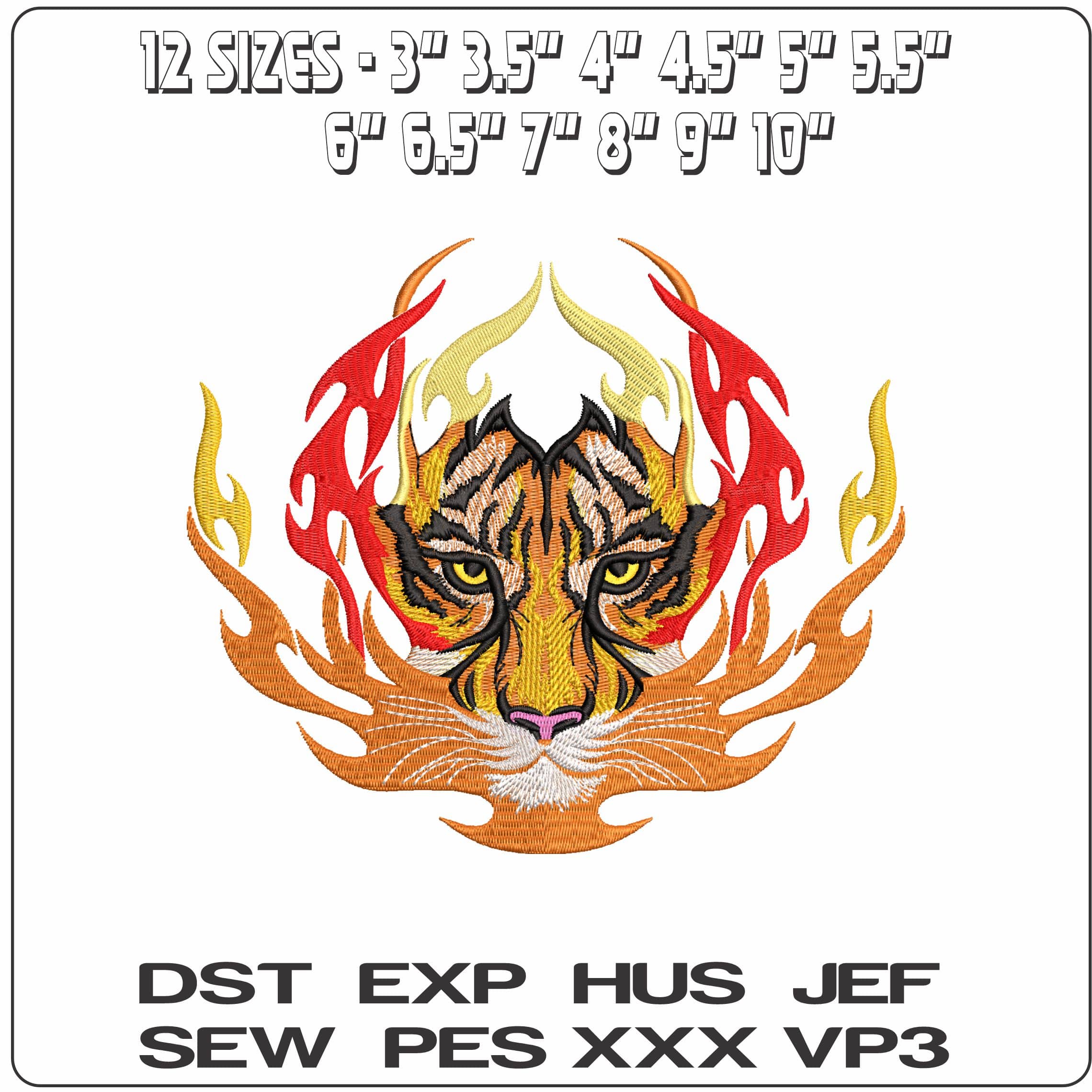 Tiger face in Vibrant flames Tattoo- Elegant embroidery design file - instant download — view 2