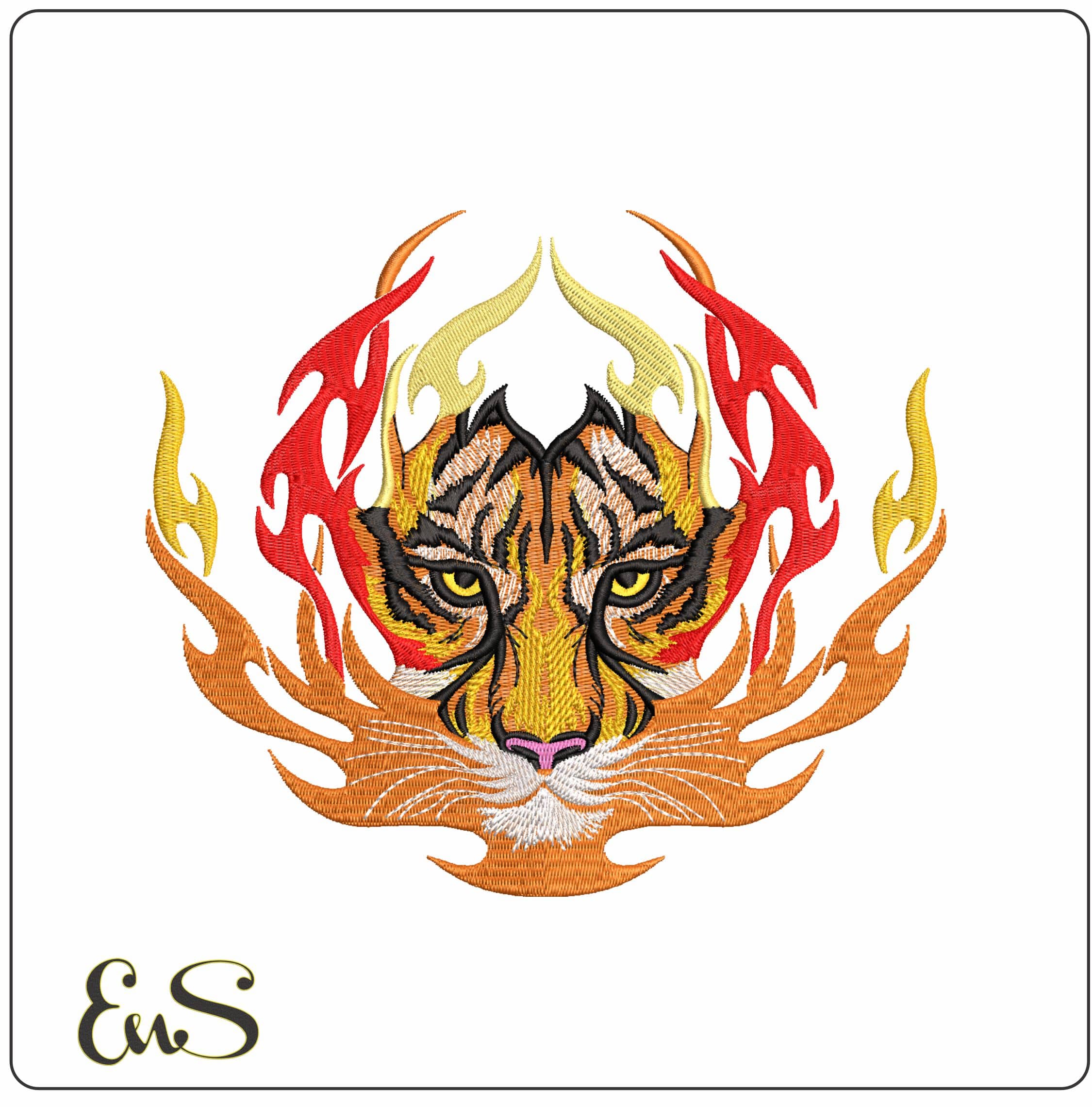Tiger face in Vibrant flames Tattoo- Elegant embroidery design file - instant download