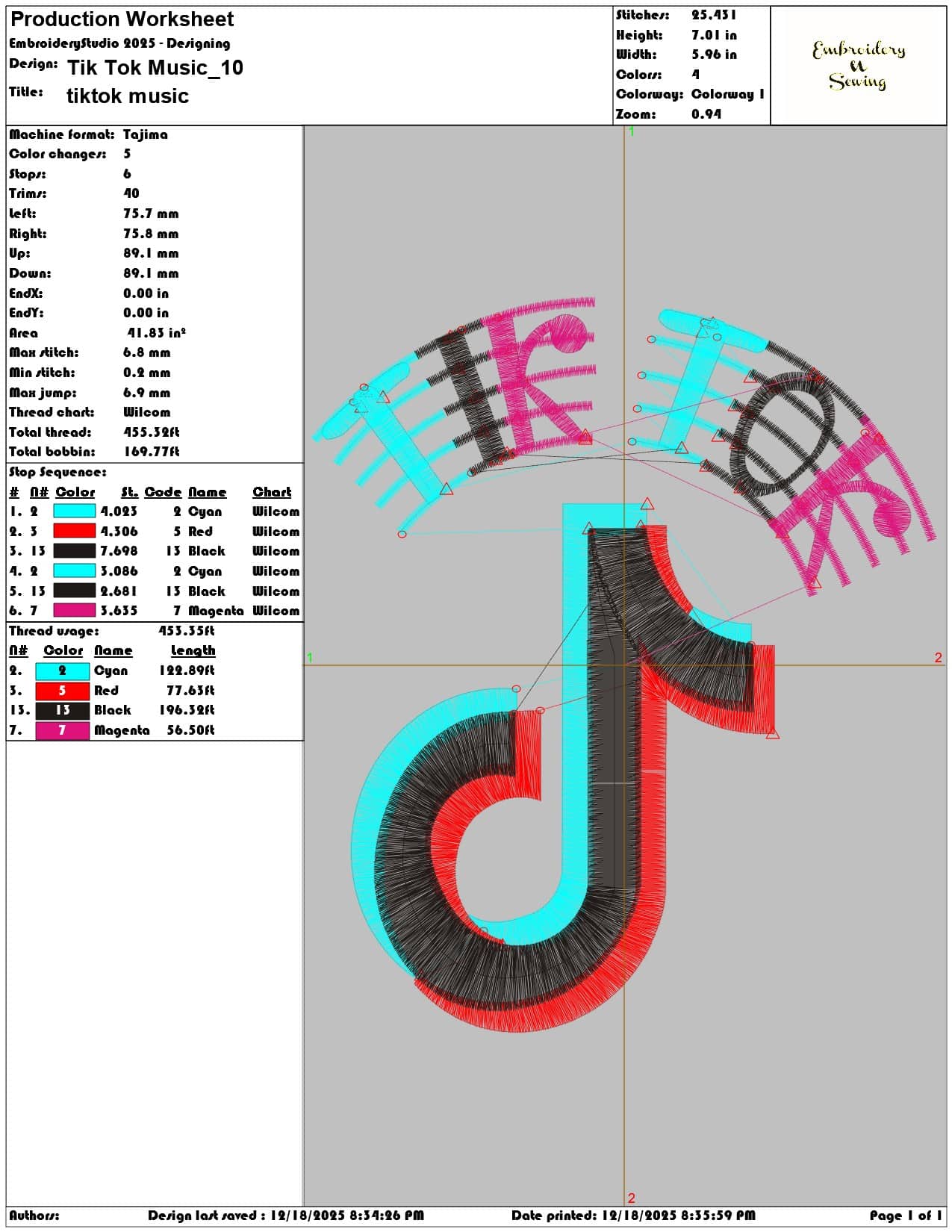 Tik Tok Music- Elegant embroidery design file - instant download — view 3