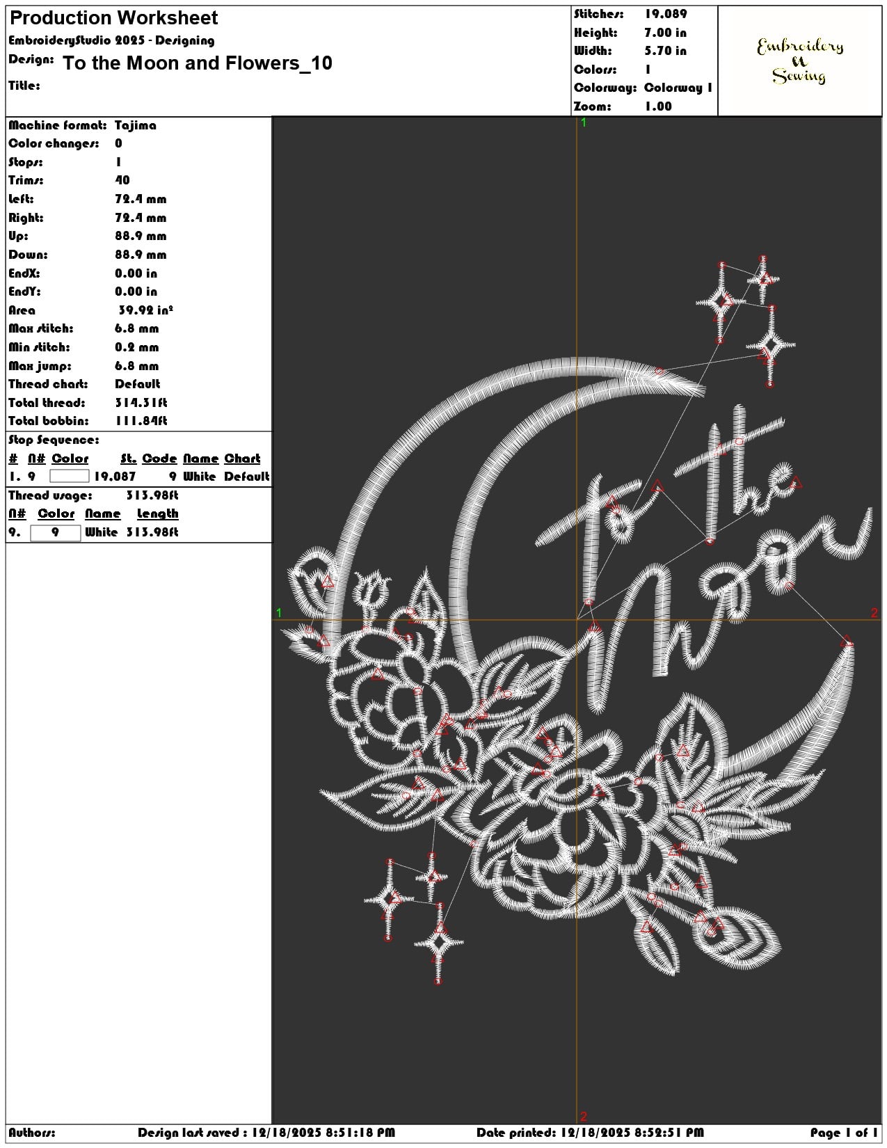 To the Moon and Flowers- Elegant embroidery design file - instant download — view 3