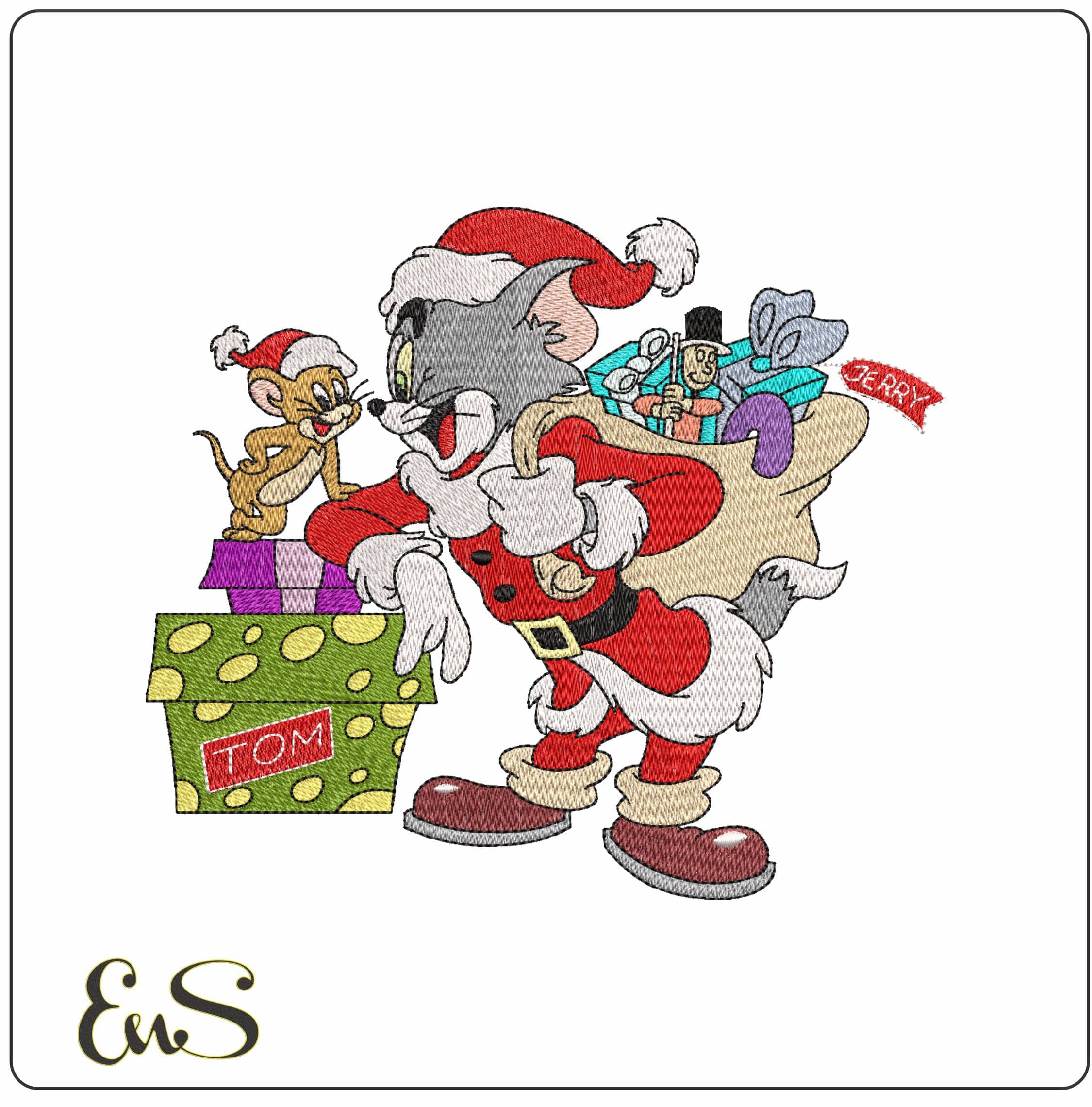 Tom and Jerry Santa and Presents- Elegant embroidery design file - instant download