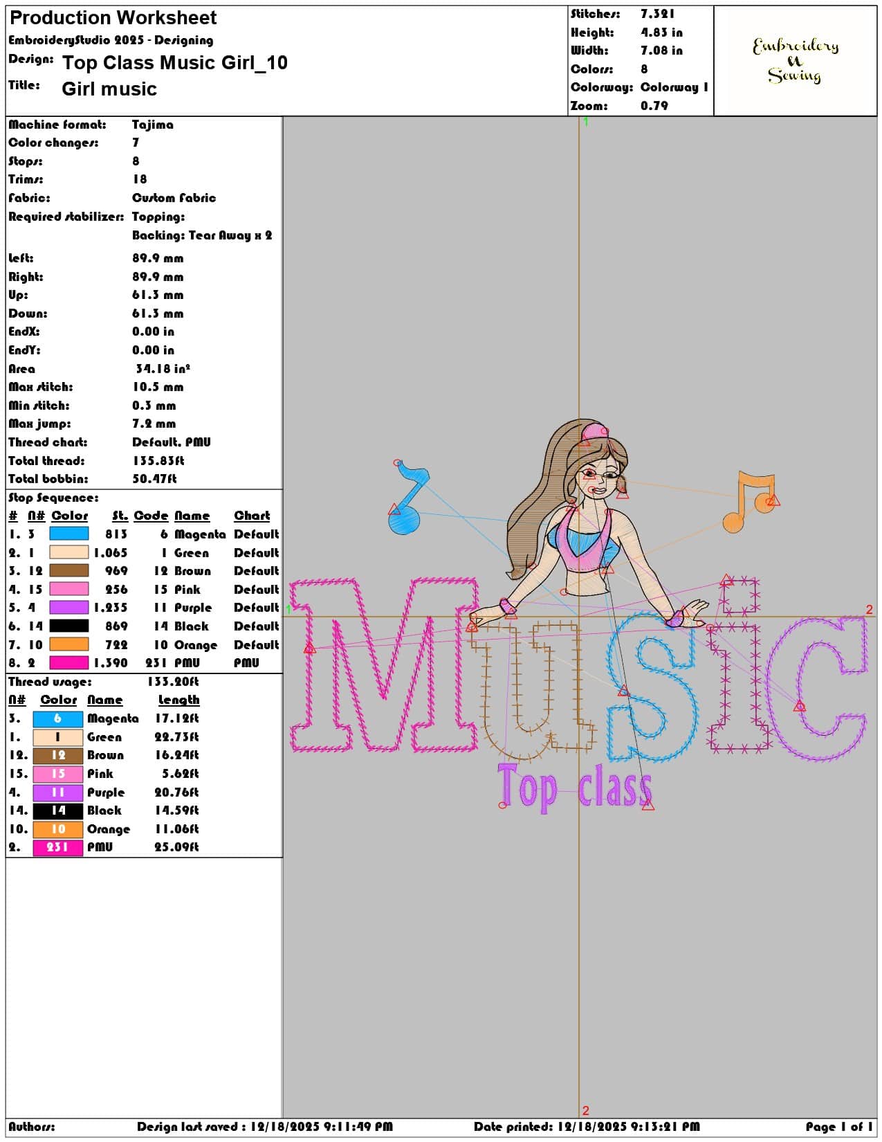 Top Class Music Girl- Elegant embroidery design file - instant download — view 3