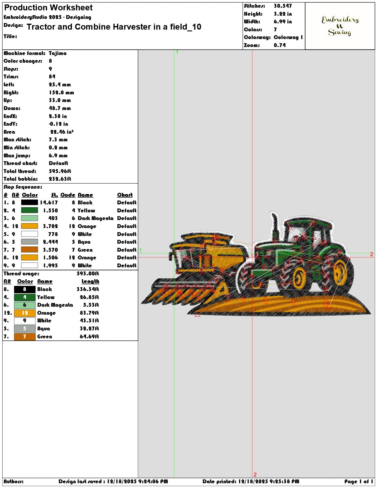 Tractor and Combine Harvester in a field- Elegant embroidery design file - instant download — view 3