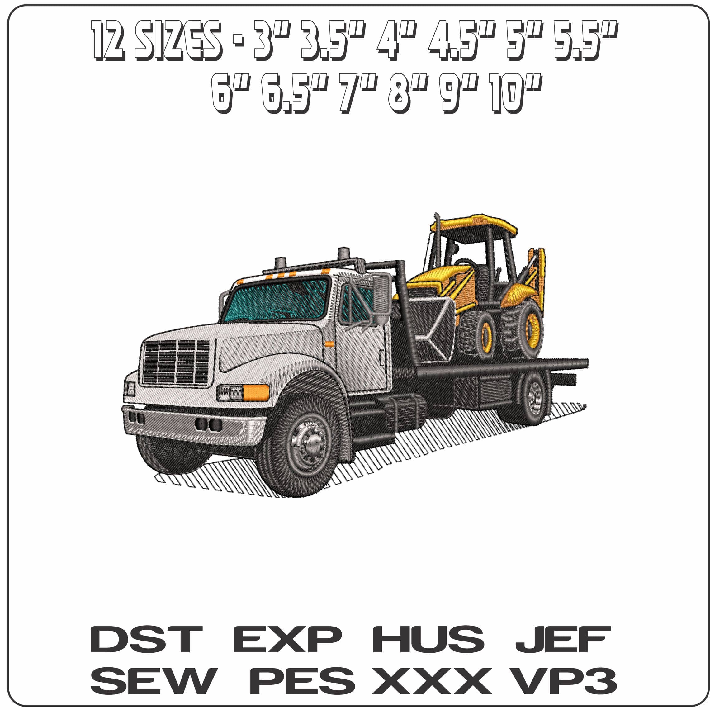 Transporter Flatbed and Excavator- Elegant embroidery design file - instant download — view 2
