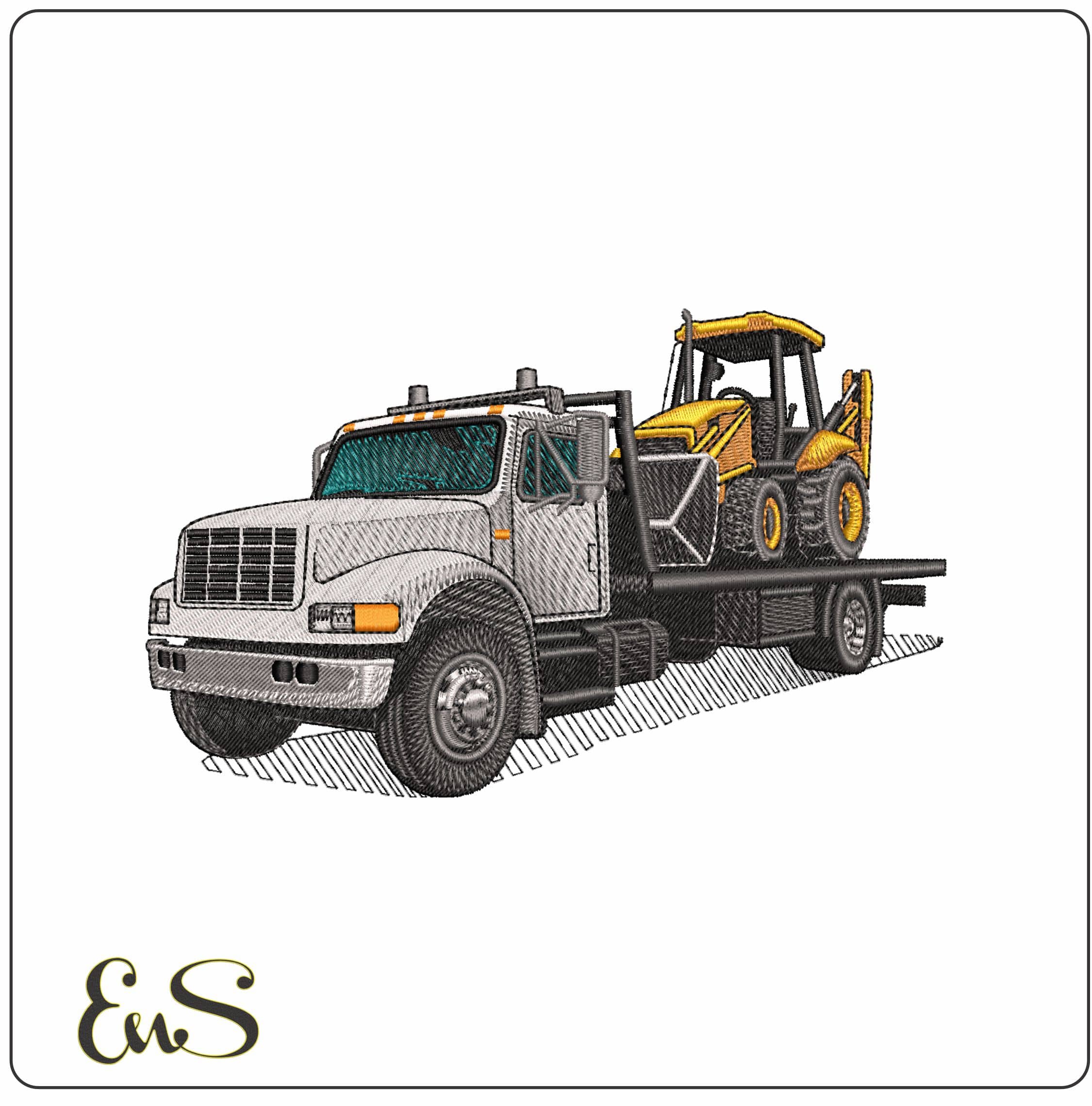 Transporter Flatbed and Excavator- Elegant embroidery design file - instant download