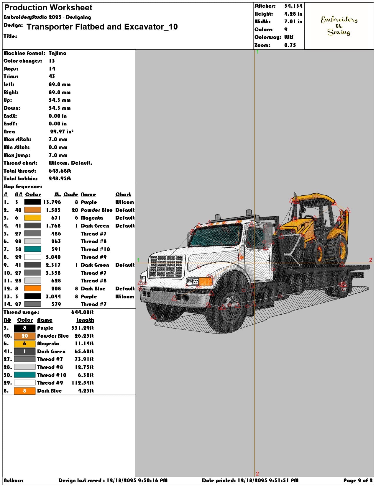 Transporter Flatbed and Excavator- Elegant embroidery design file - instant download — view 3